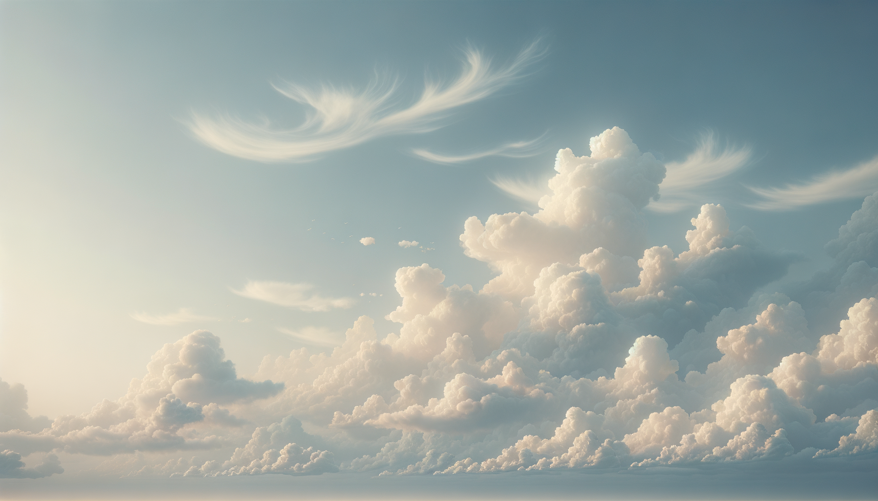 Cloudy sky with large, billowing white clouds and wispy cirrus clouds in a bright sky.