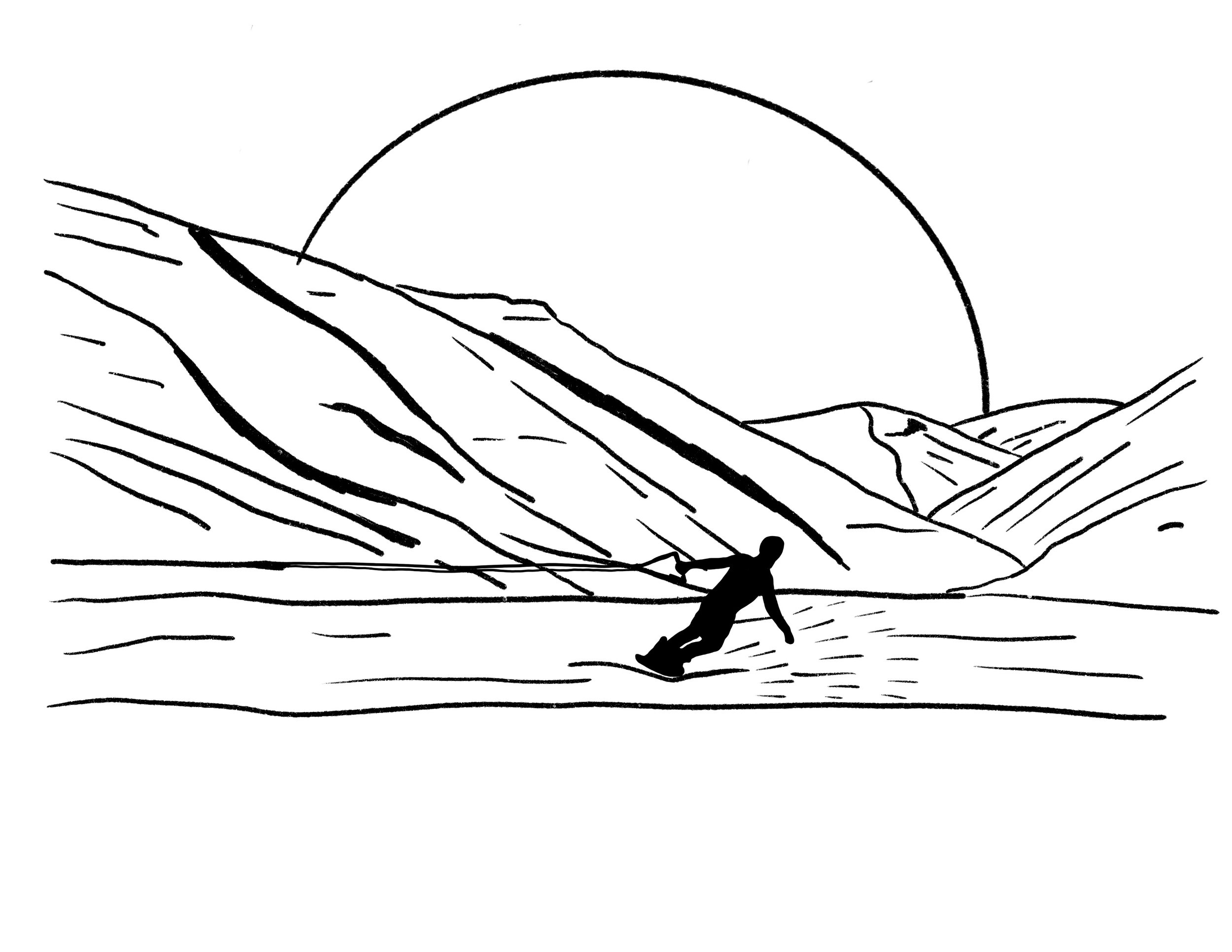 A line drawing of a person wakeboarding on a body of water with mountains in the background and the sun setting behind them.