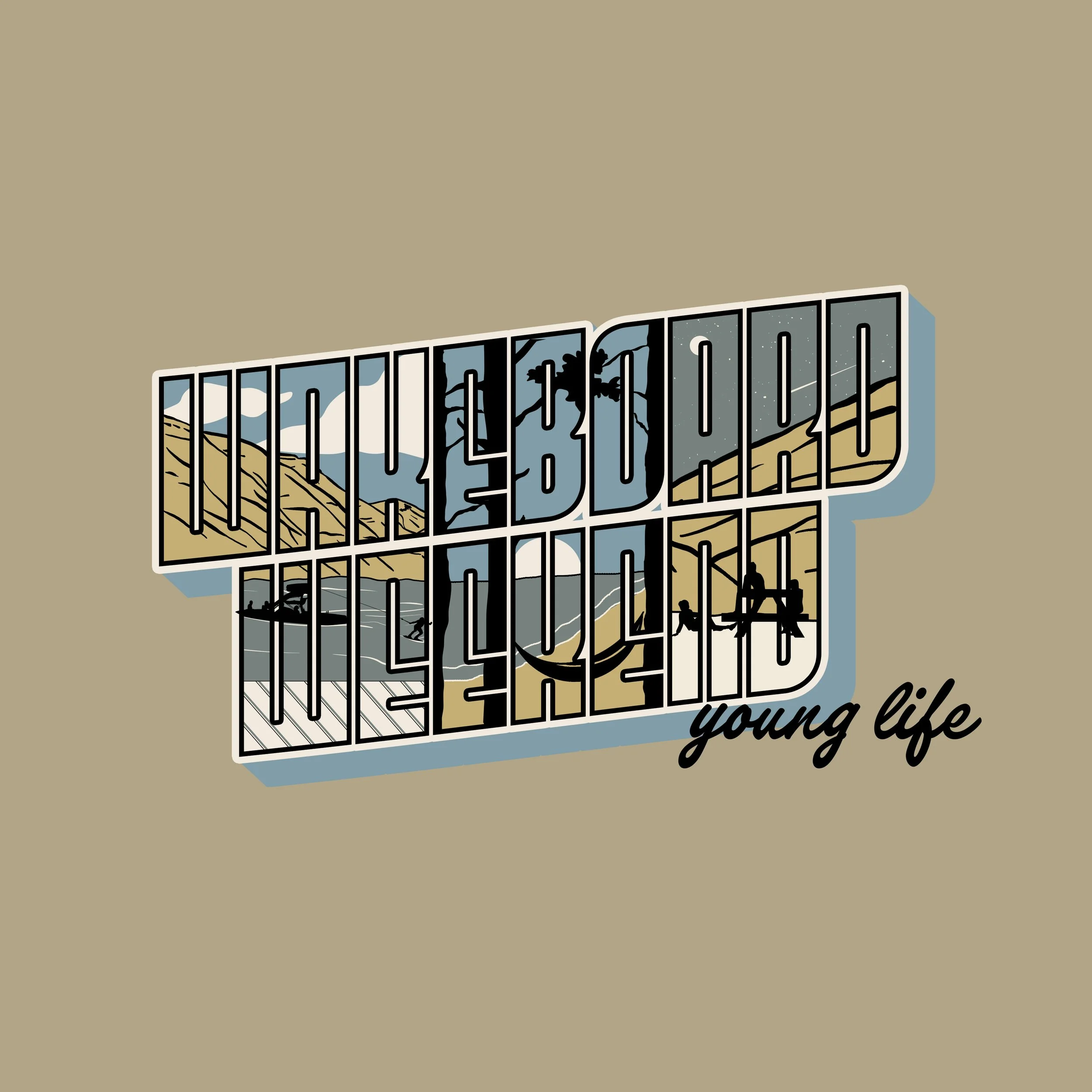 Illustration with landscape images and silhouettes of people and birds, overlaid with text "Young Life" in cursive. No specific objects or people clearly identifiable.