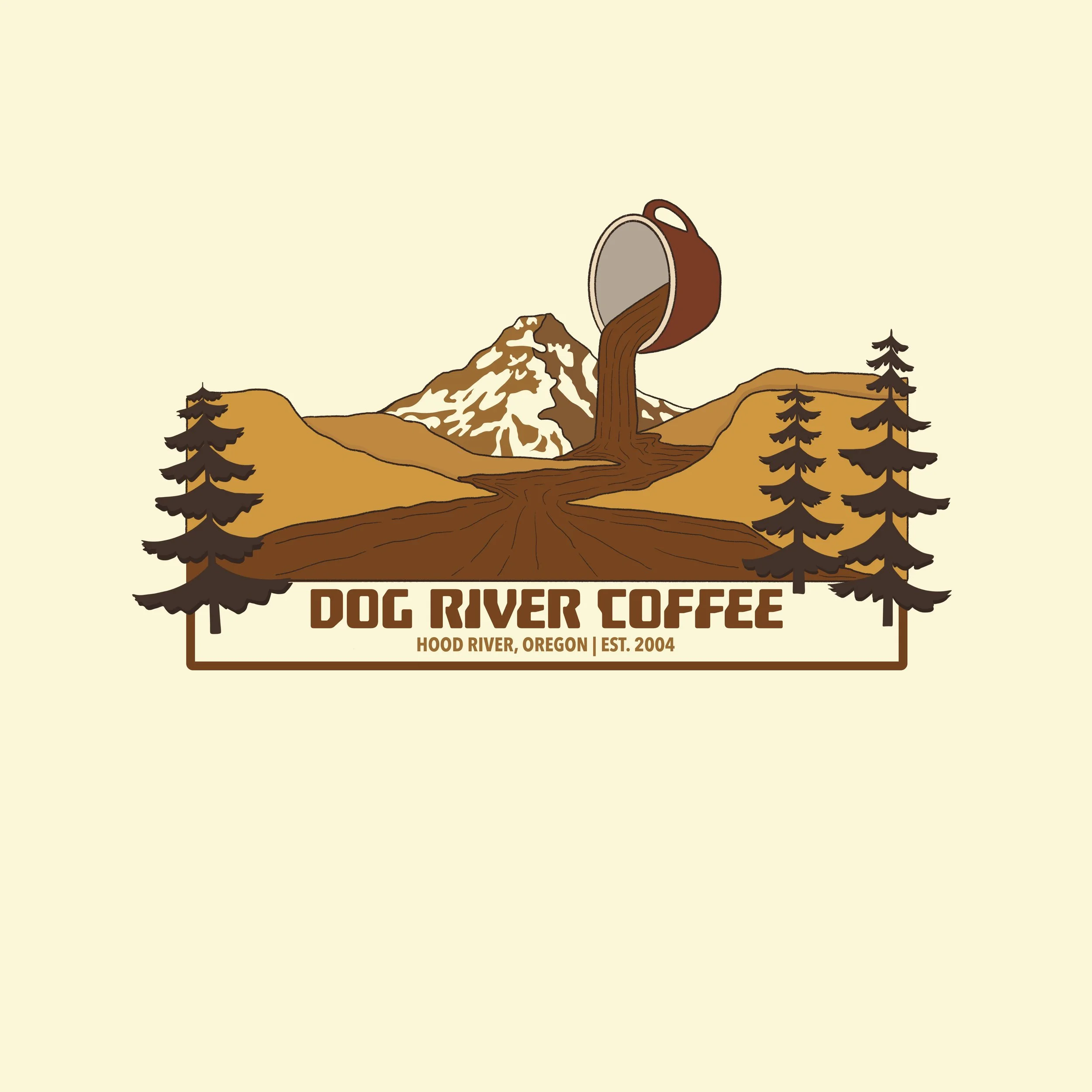 A logo for Dog River Coffee featuring a mountain, with coffee flowing from a cup in the background, boxed by trees and bearing text: "Dog River Coffee, Hood River, Oregon, Est. 2004."