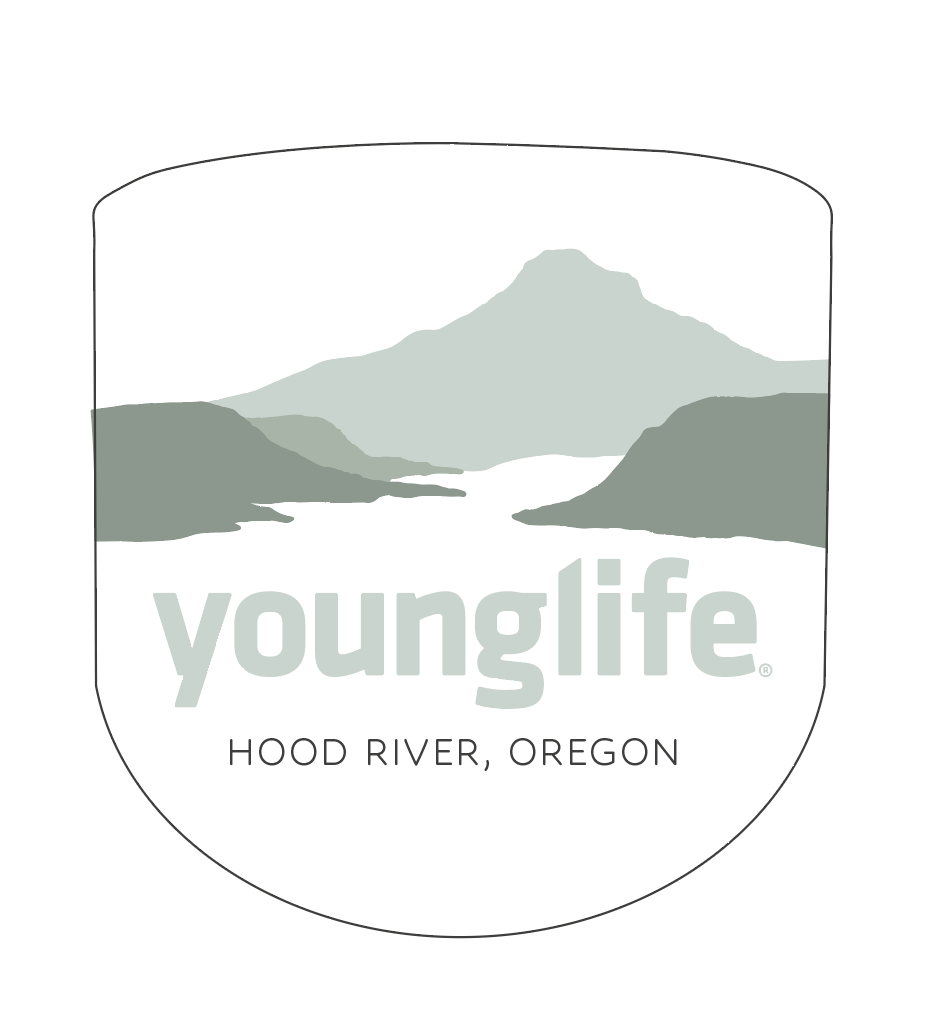 Illustration of a mountain landscape with a river in Oregon, featuring a large mountain in the background and smaller hills on the sides, with the words "younglife" and "Hood River, Oregon" below.