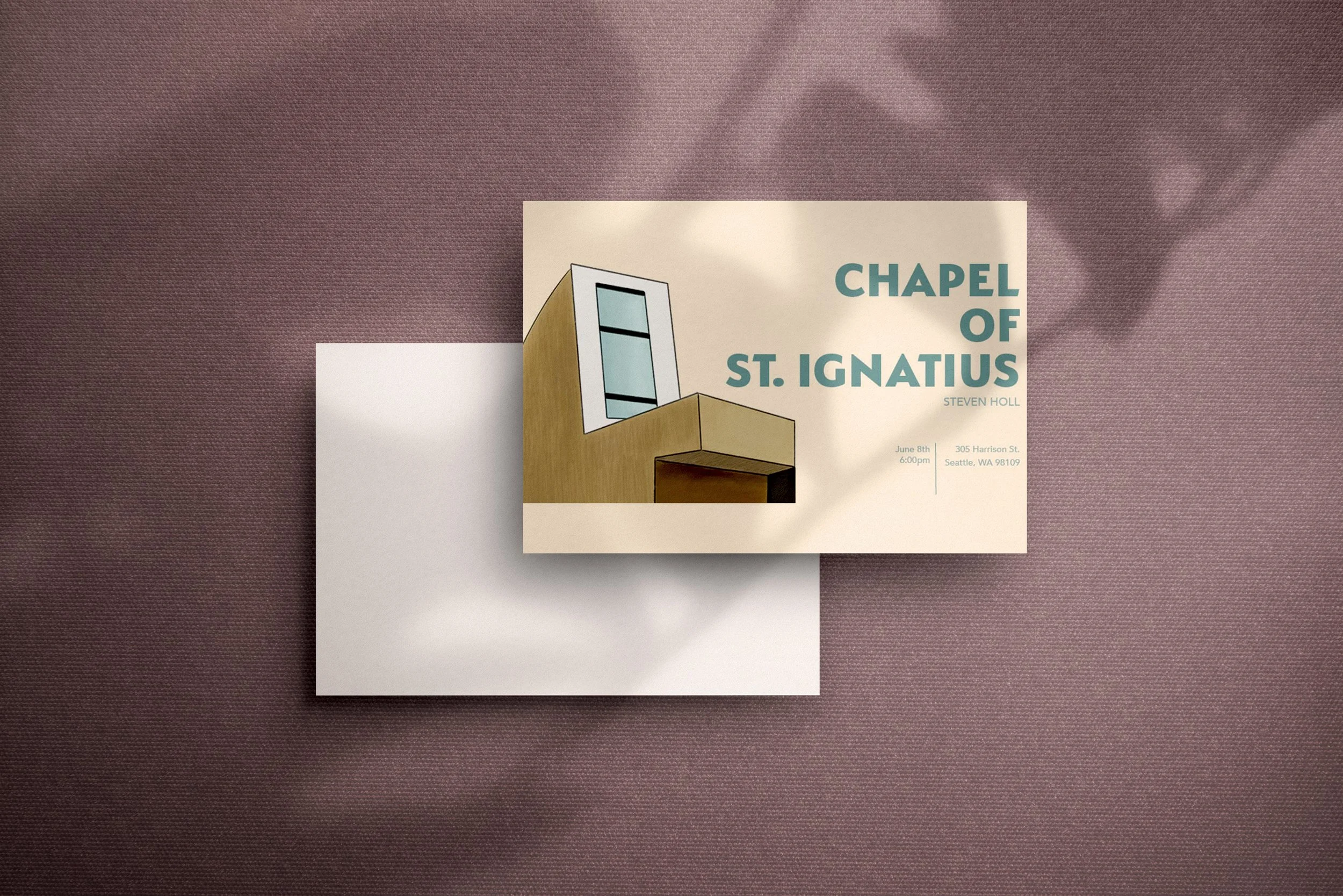 A flyer for the Chapel of St. Ignatius event, with a modern building illustration, event details, date, time, and location, on a pinkish textured surface.