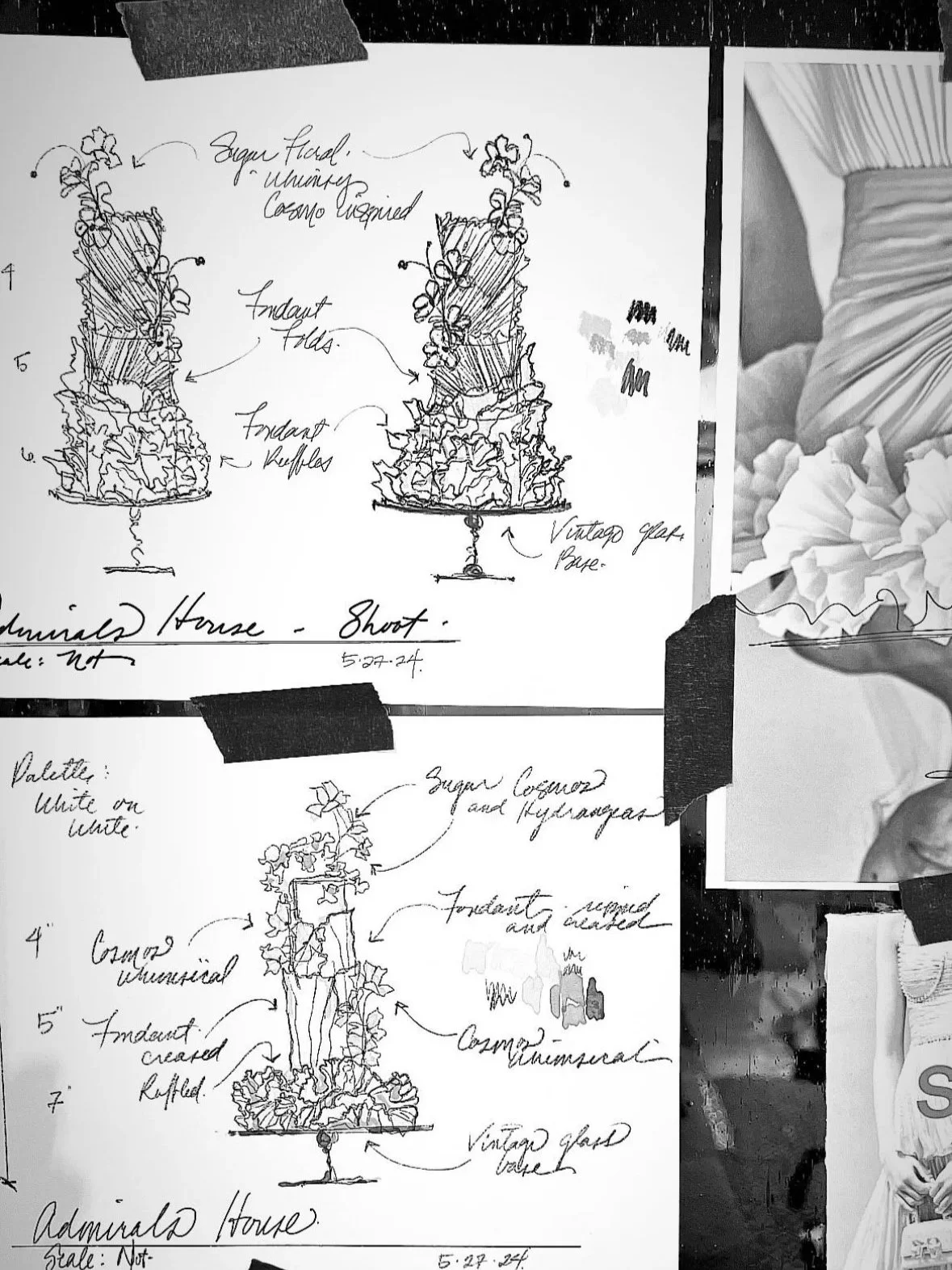 Hand-drawn sketches of floral arrangements and decorative house plan concepts, with annotations detailing materials and measurements, taped to a surface.