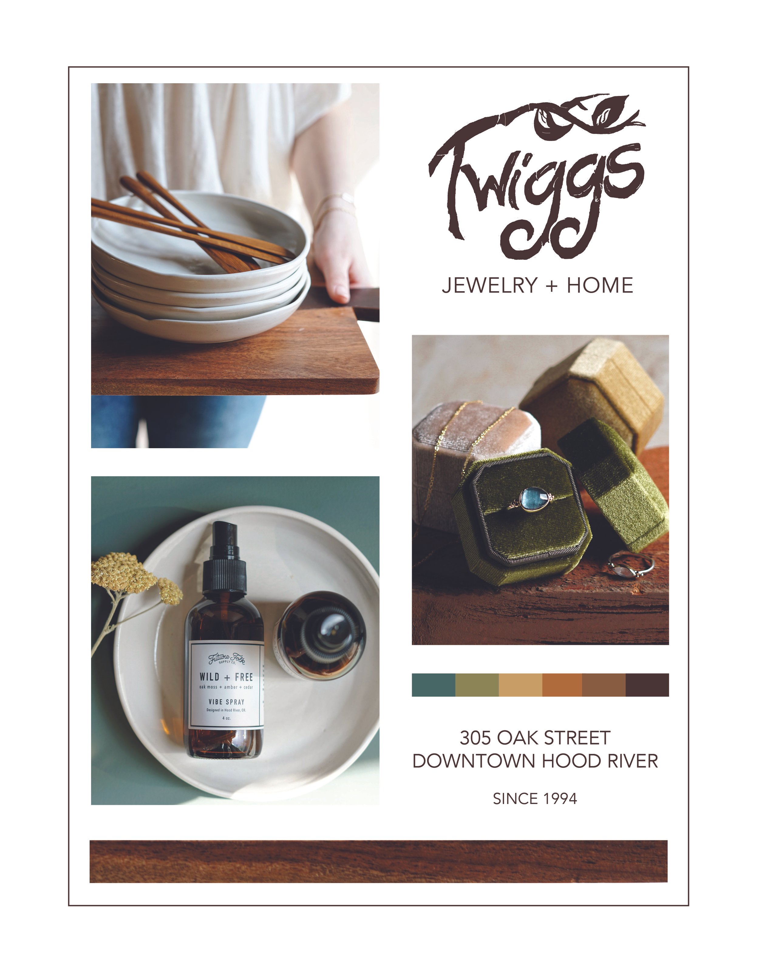 A promotional flyer for Twiggs Jewelry + Home showcasing photos of ceramics, jewelry, and home goods, with text providing the address at 305 Oak Street, Downtown Hood River, since 1994.