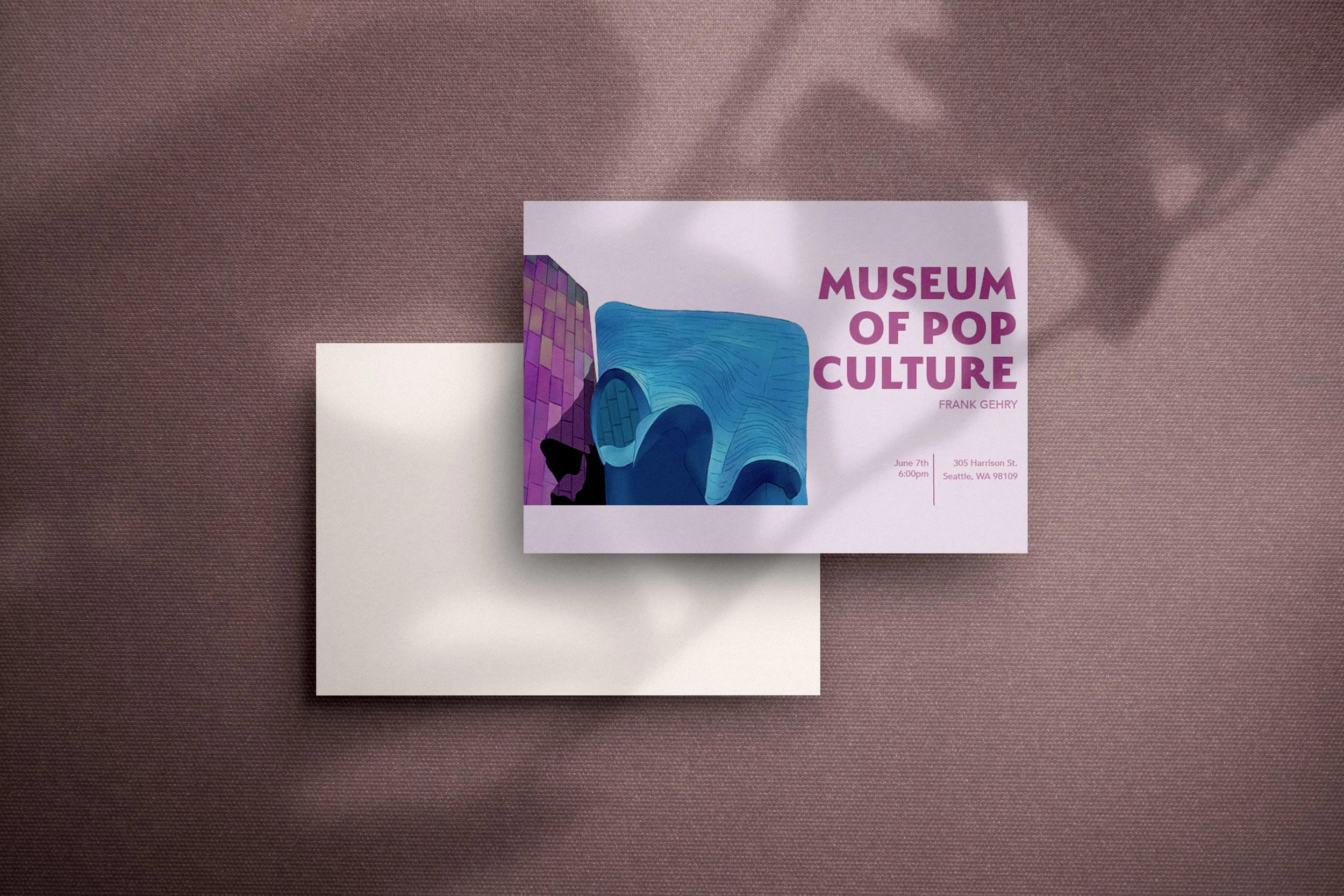 A promotional flyer for a Museum of Pop Culture exhibit featuring an illustration of futuristic architecture with purple, blue, and teal colors, over a pink textured fabric background.