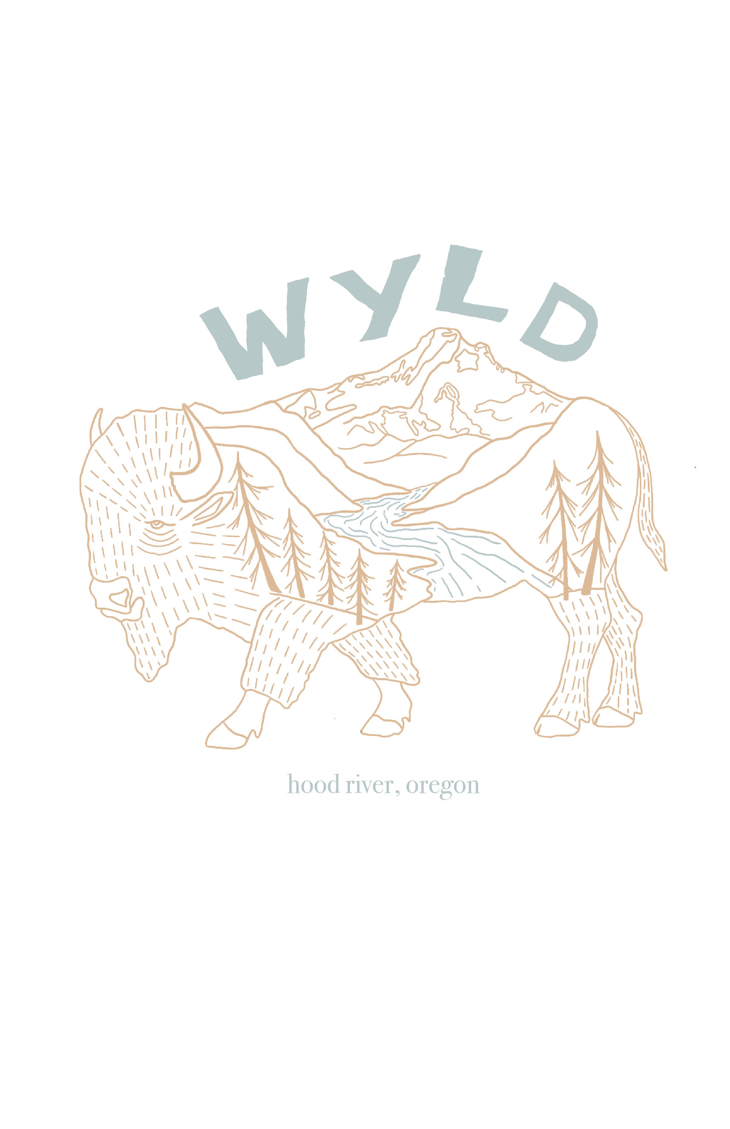 Graphic of a bison with landscape of mountains, river, and trees inside, and the word "WYLD" above, with "hood river, oregon" written below.