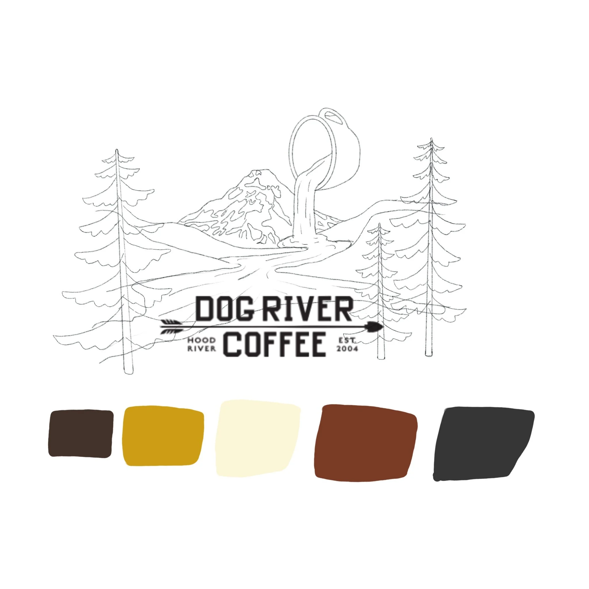 Line drawing of a mountain landscape with trees, a river, and a large coffee mug pouring into the river, with the text 'Dog River Coffee' and 'Hood River' and 'Est. 2004' below.