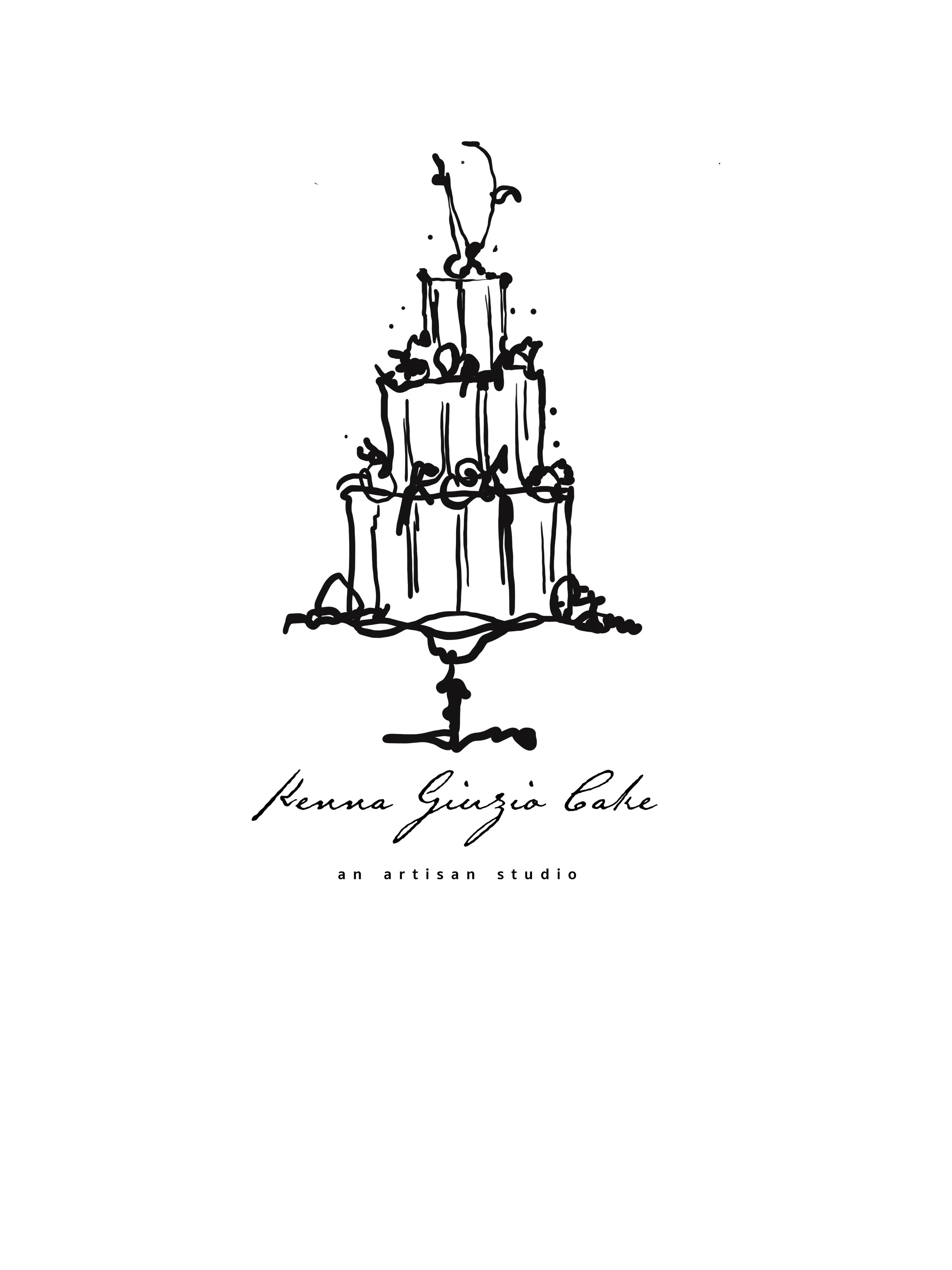 Sketch of a three-tiered cake on a stand, with string lights decorated around it, and the text 'Kenza Giuizio Cake' and 'an artisan studio' below.