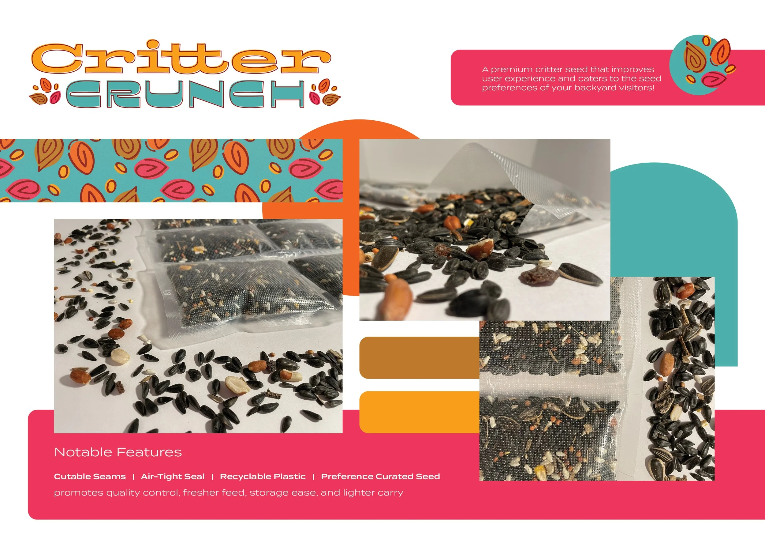 Infographic display of Critter Crunch featuring various photos containing packaging and birdseed throughout the center. The background contains rounded blocks of color. The logo is located in the top left corner with snippets of text to the left