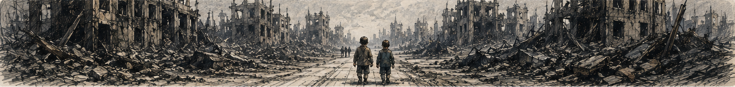 Illustration of civilians walking through a heavily destroyed city, representing how prolonged war creates new grievances, political realities and human costs beyond its original objectives.