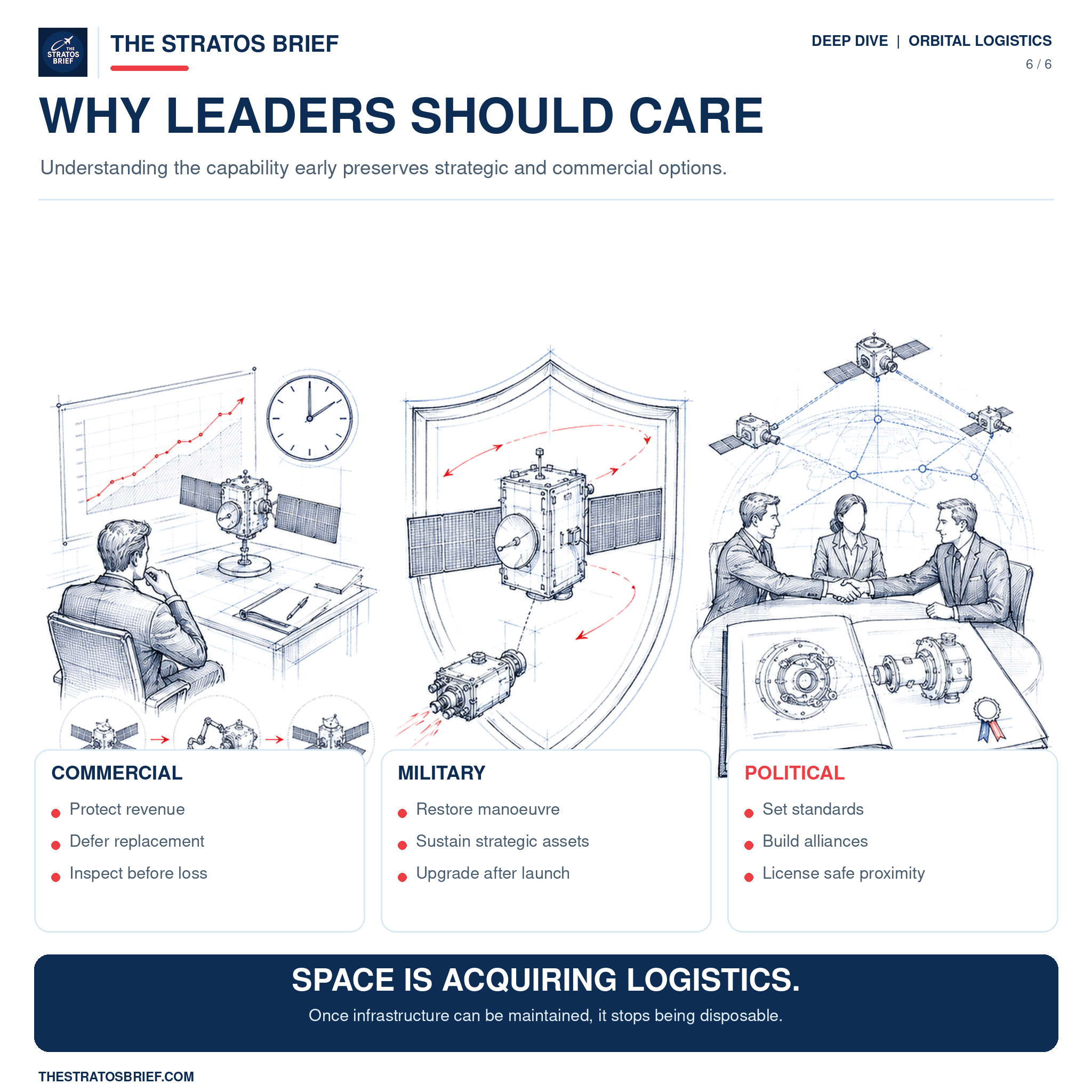 Hand-drawn infographic summarising the commercial, military and political value of understanding in-orbit satellite servicing.