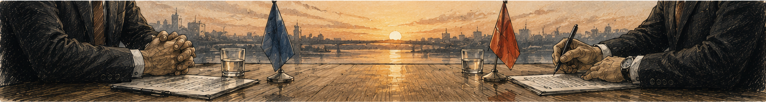 Illustration of opposing representatives negotiating across a table at sunset, representing bargaining, credible off-ramps and the difficult transition from continued warfare toward settlement.