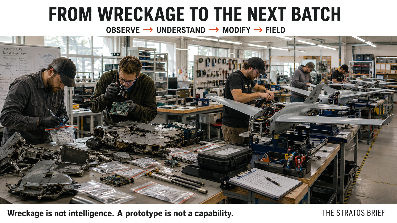 Technicians inspect damaged drone components and electronics on the left while workers assemble fixed-wing drones on the right, illustrating the sequence Observe, Understand, Modify and Field.