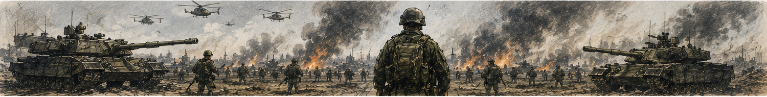 Illustration of soldiers and armoured forces entering battle, representing the moment when political calculations give way to the unpredictable reality of war.