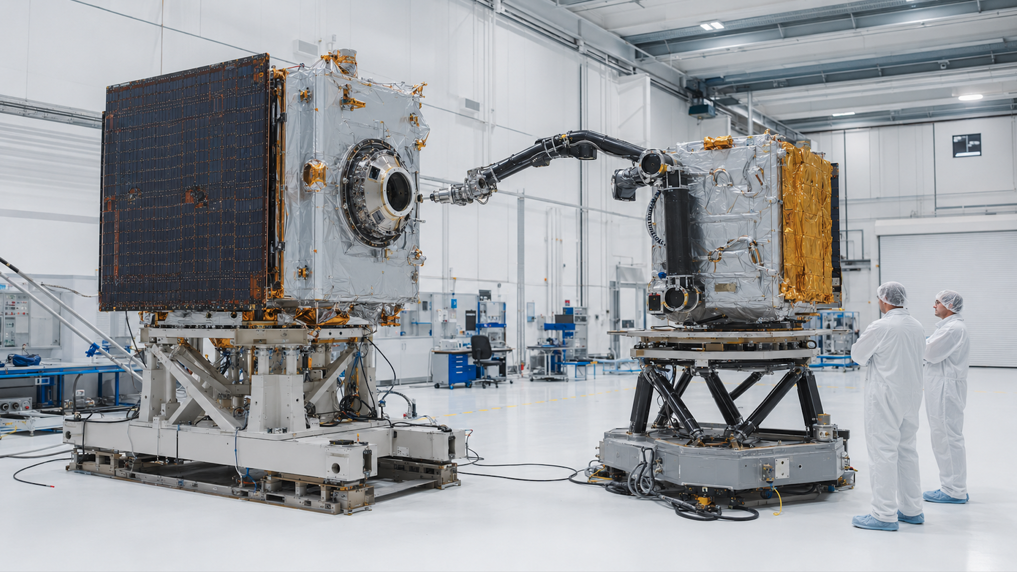 Engineers in protective clothing observe a robotic arm rehearsing contact with a full-scale satellite mock-up inside a bright ground-testing facility.