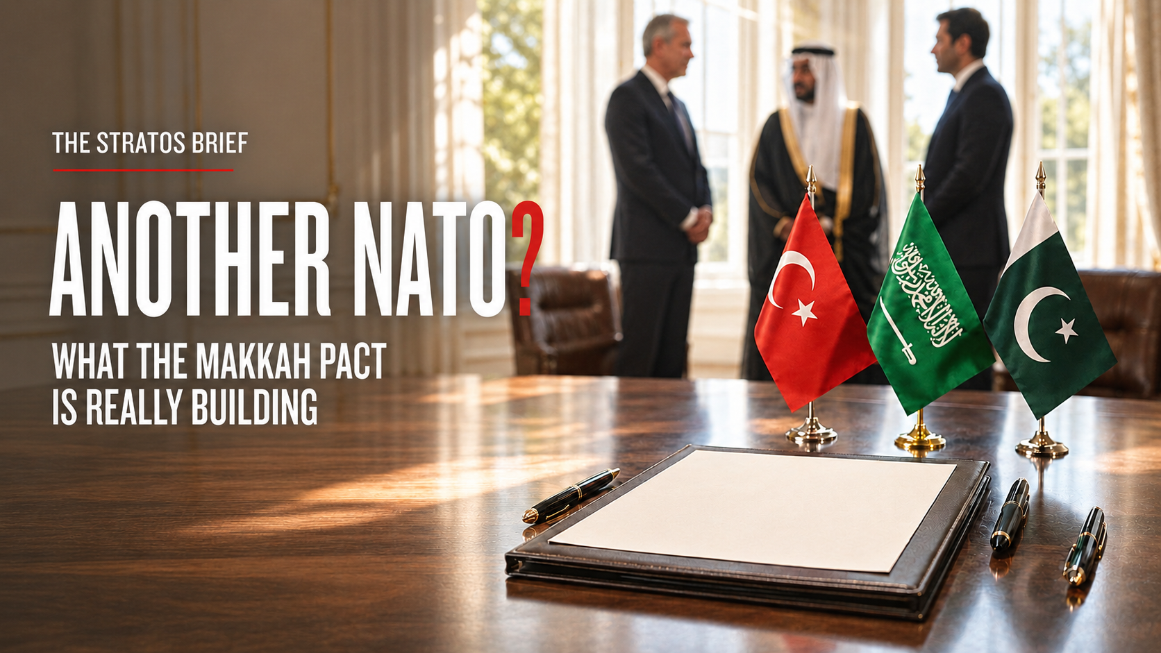 Photorealistic daylight scene of a defence agreement signing table, framed by the flags of Saudi Arabia, Türkiye and Pakistan. The headline reads: “Another NATO? What the Makkah Pact Is Really Building.”