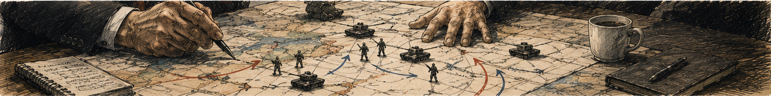 Illustration of political and military leaders planning moves over a strategic map, representing the calculations, uncertainty and competing expectations that precede war.