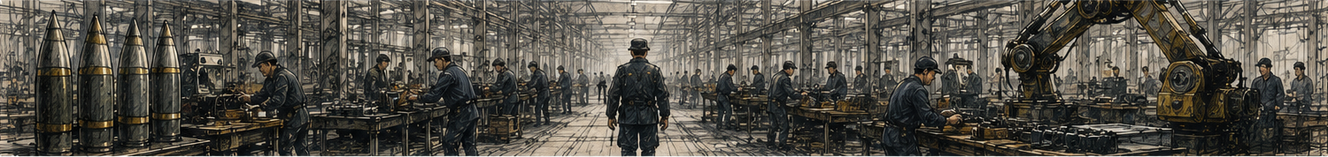 Illustration of a wartime defence factory producing ammunition and military equipment, representing the industrial capacity, labour and supply chains required to sustain prolonged war.