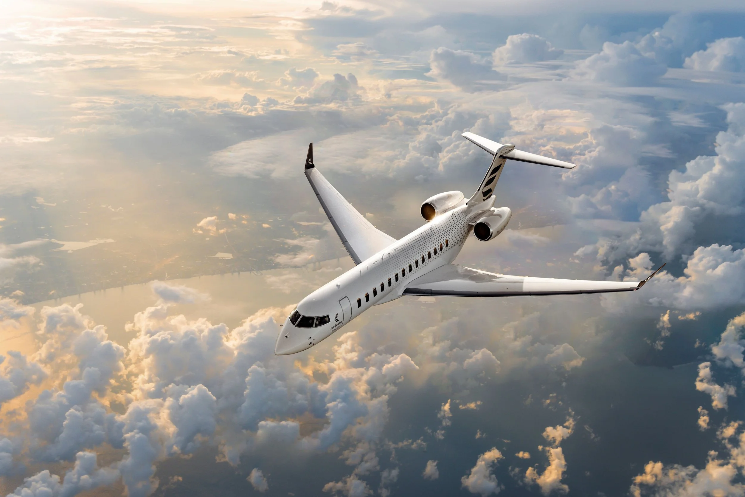 Bombardier Global 8000 ultra-long-range business jet flying above clouds at sunset.