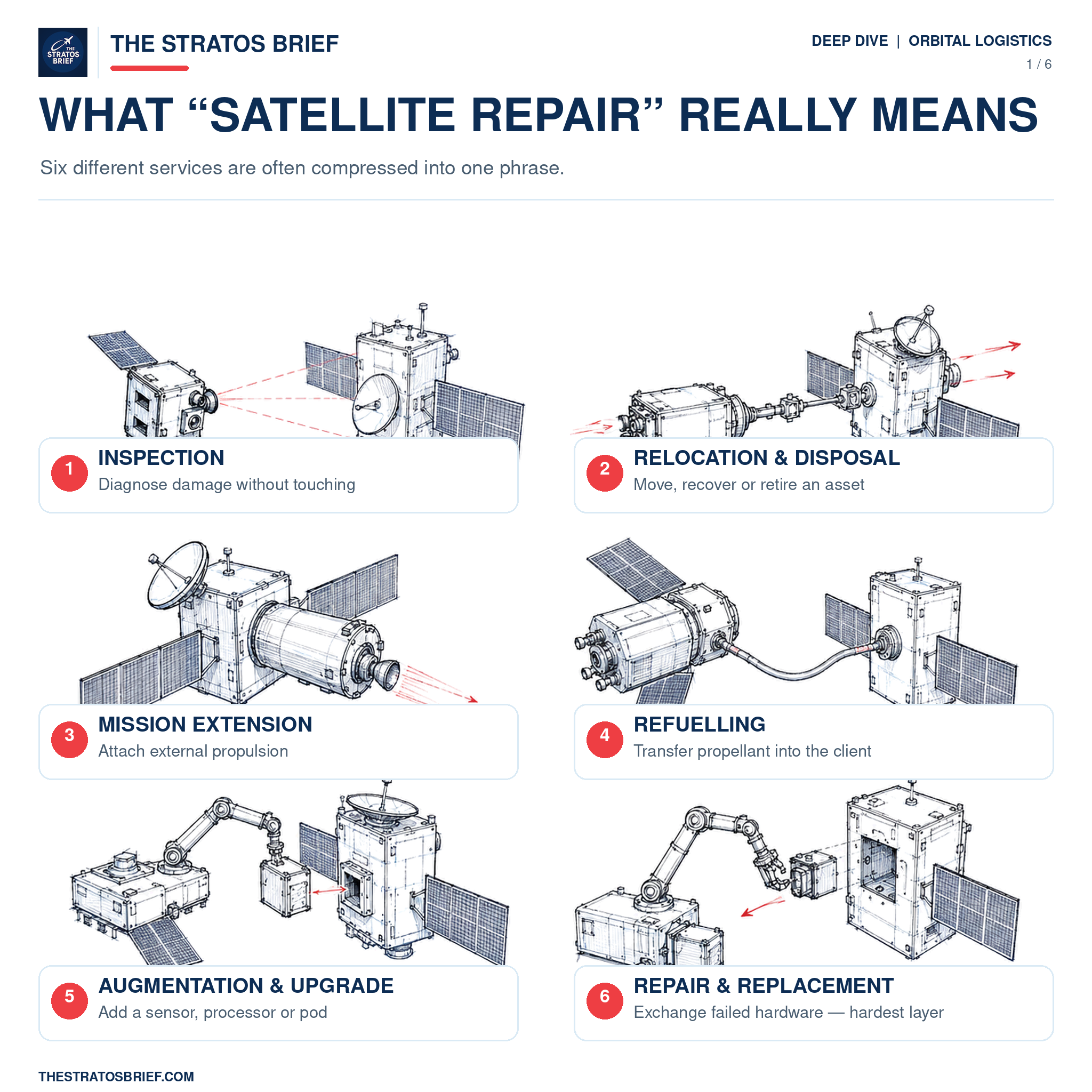 Hand-drawn technical infographic explaining the different levels of in-orbit satellite servicing, from inspection and relocation to refuelling, repair and disposal.