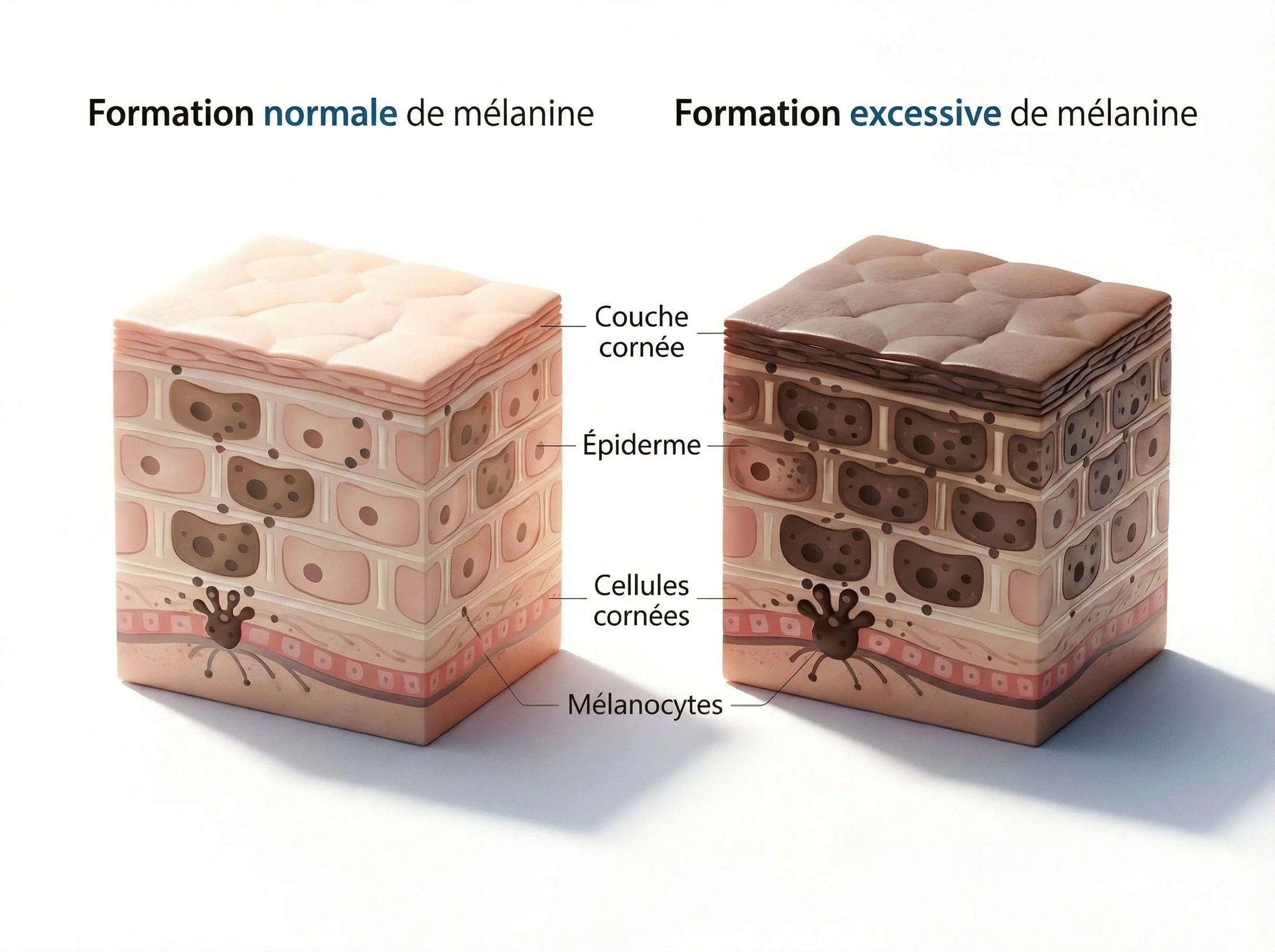 Schéma illustrant la répartition des taches pigmentaires dans la peau et leur impact sur l’éclat du teint.