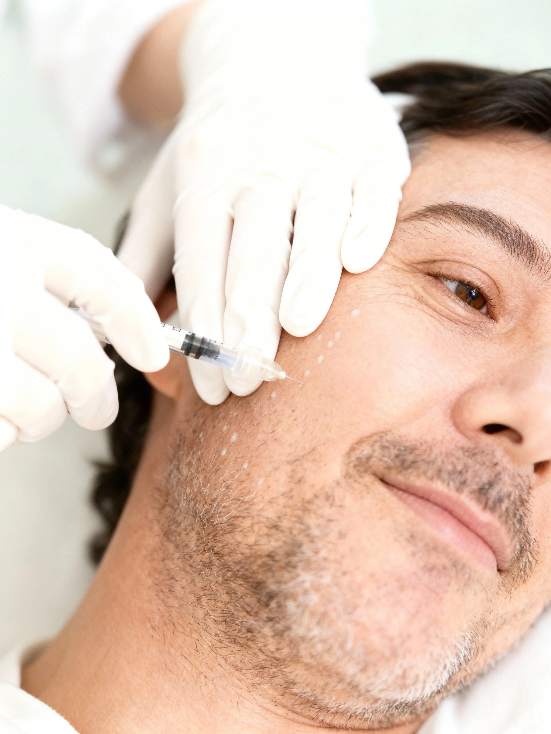 Injection de mésothérapie visage réalisée par le Dr Samson sur un patient homme – technique de micro-injections pour hydratation et éclat