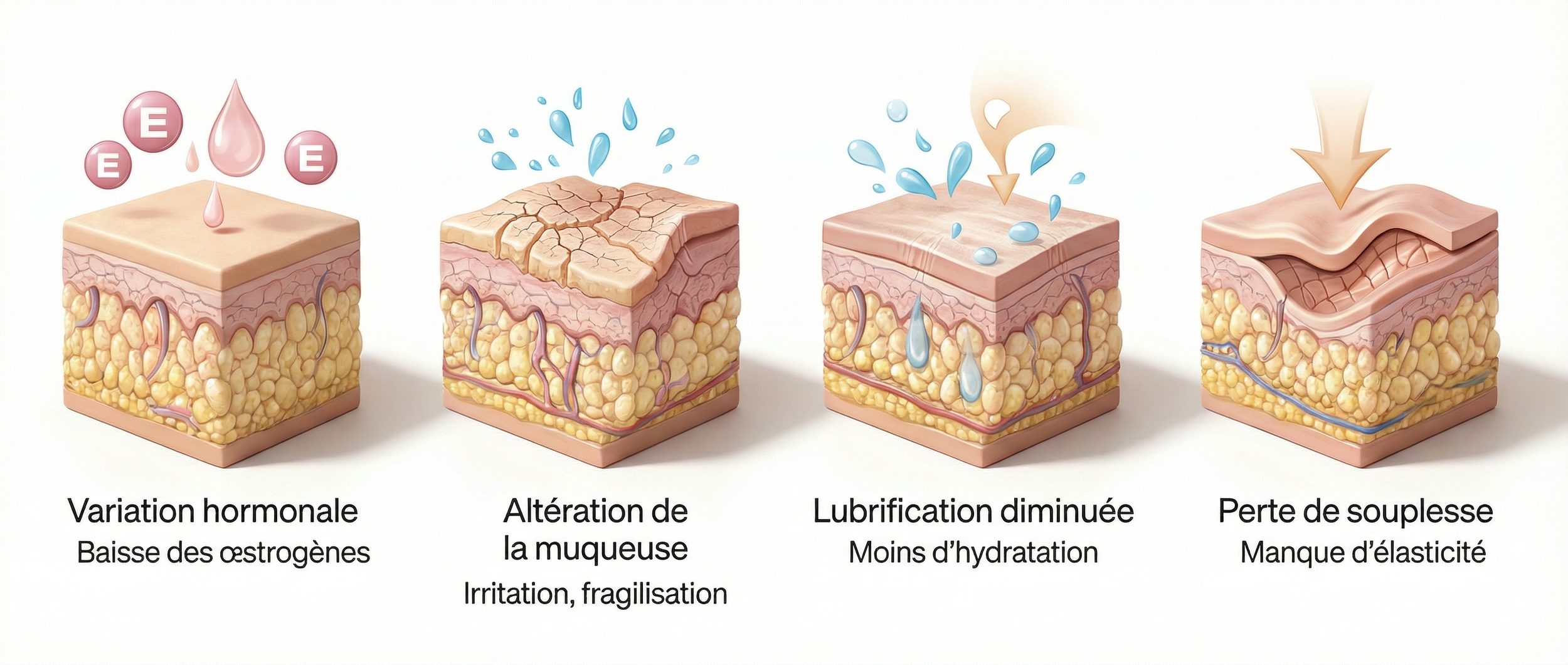 Schéma médical illustrant la muqueuse intime et les mécanismes de la sécheresse intime.