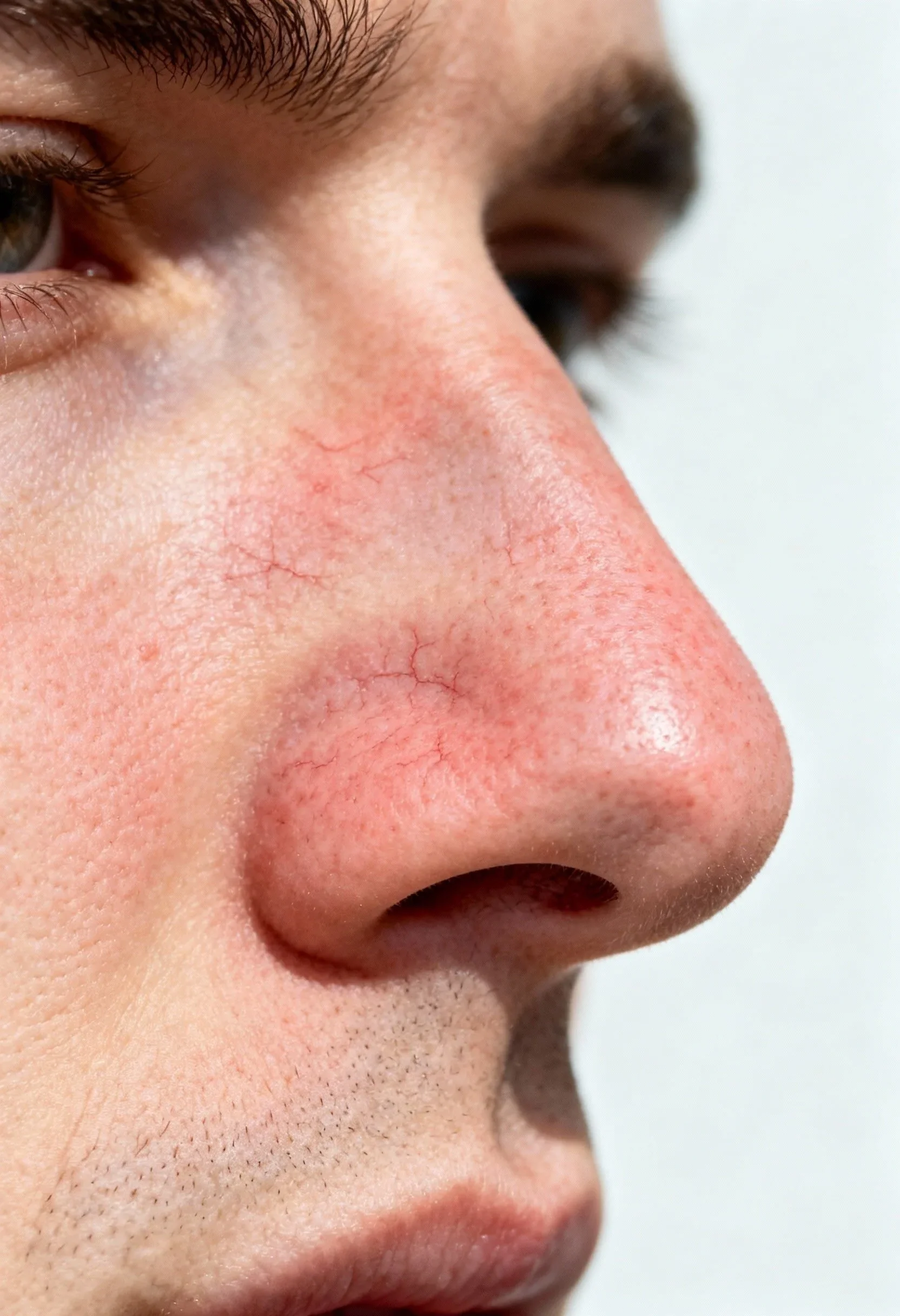 Zoom sur le profil d'un homme avec le nez rougi et marqué par des vaisseaux sanguins visibles.
