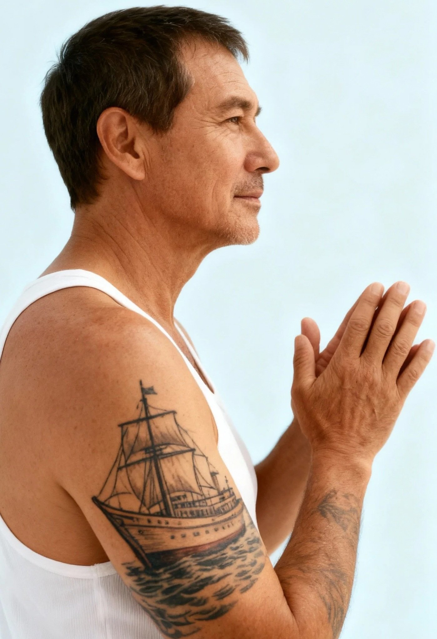 Un homme avec des cheveux bruns courts, portant un débardeur blanc, avec une tatouage d'un bateau à voile sur le bras gauche. Détatouage.
