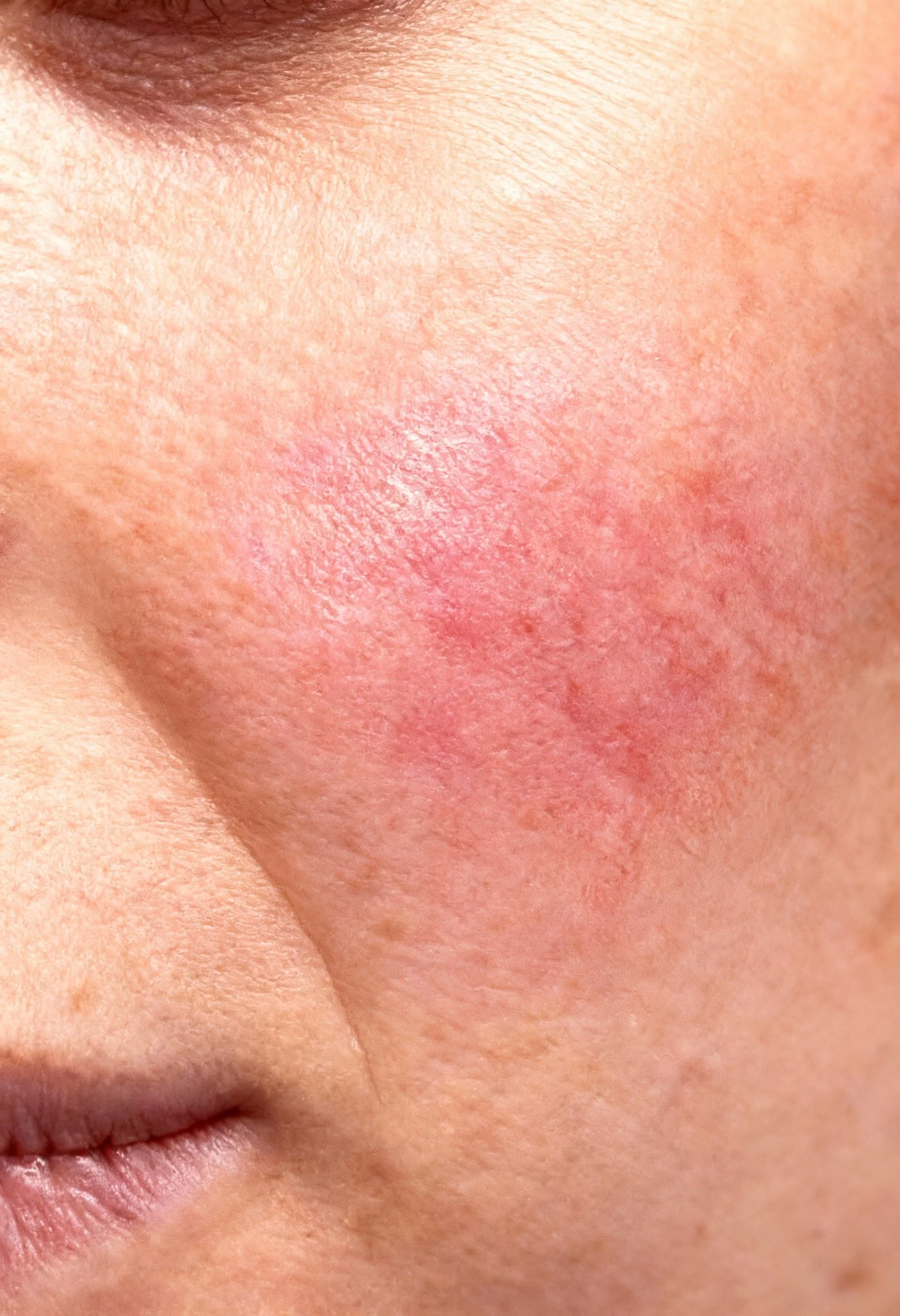 Rougeurs et couperose sur la joue avant traitement par laser vasculaire au cabinet de médecine esthétique d’Évian