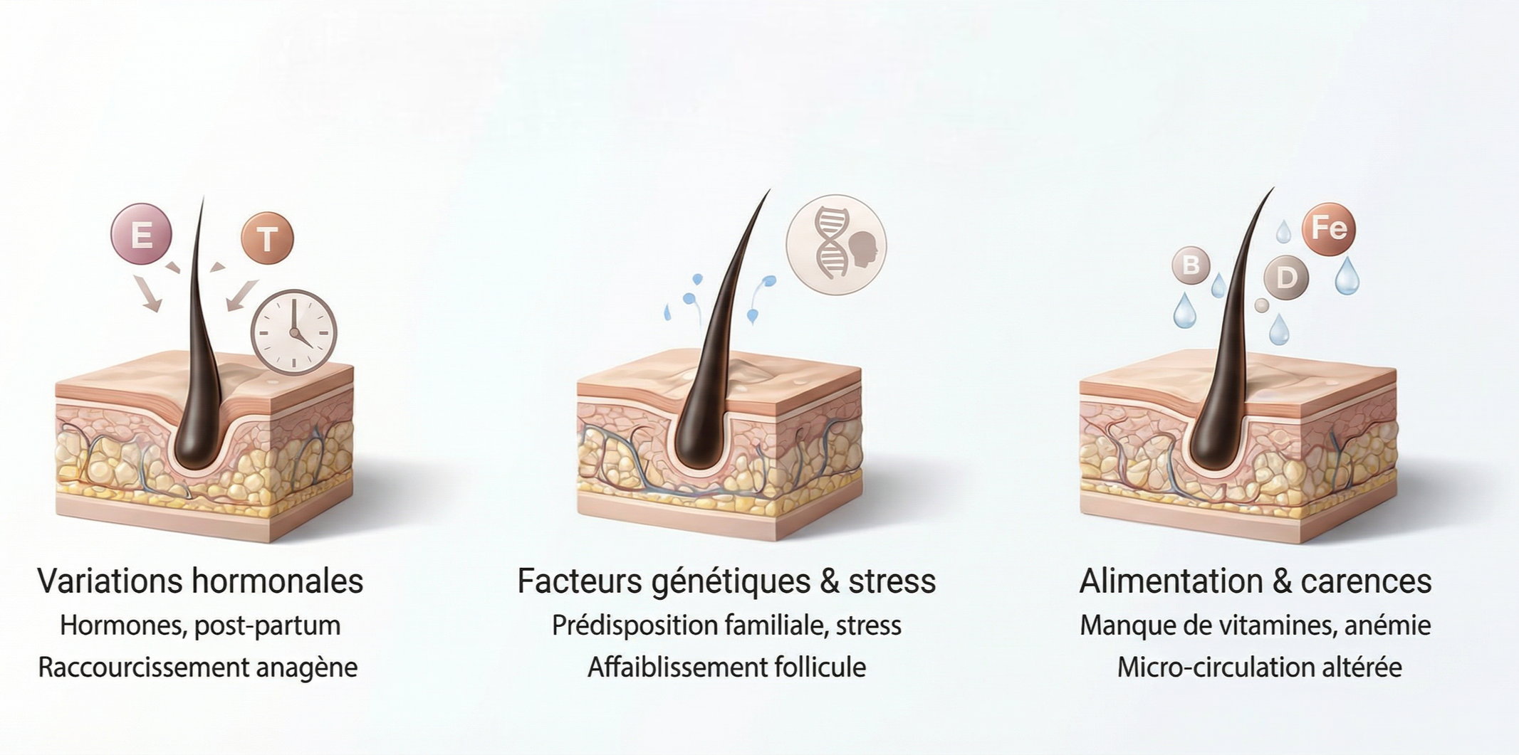 Schéma illustrant les causes de la chute des cheveux, incluant les variations hormonales, les facteurs génétiques et le stress, ainsi que l'alimentation et les carences nutritionnelles.