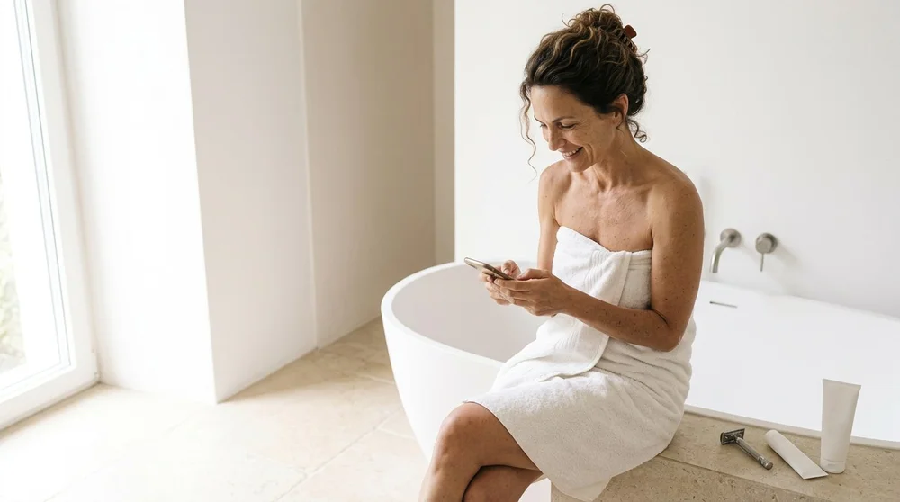 Préparer sa séance d'épilation laser, femme dans une salle de bain lumineuse, cabinet médical du Dr Samson à Évian