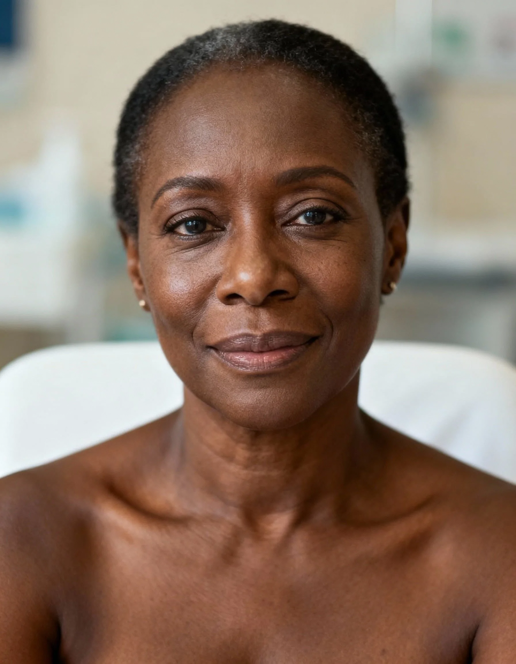 Image d’une patiente satisfaite après un soin de médecine esthétique.