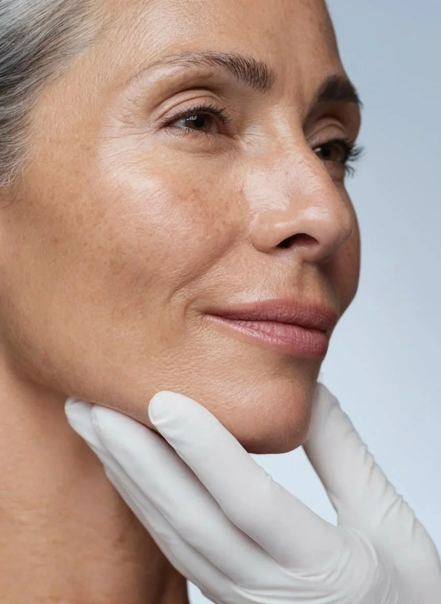 Une femme avec une peau claire et quelques taches de vieillesse, touchée par une main portant un gant blanc,  lors d'une consultation de médecine esthétique.