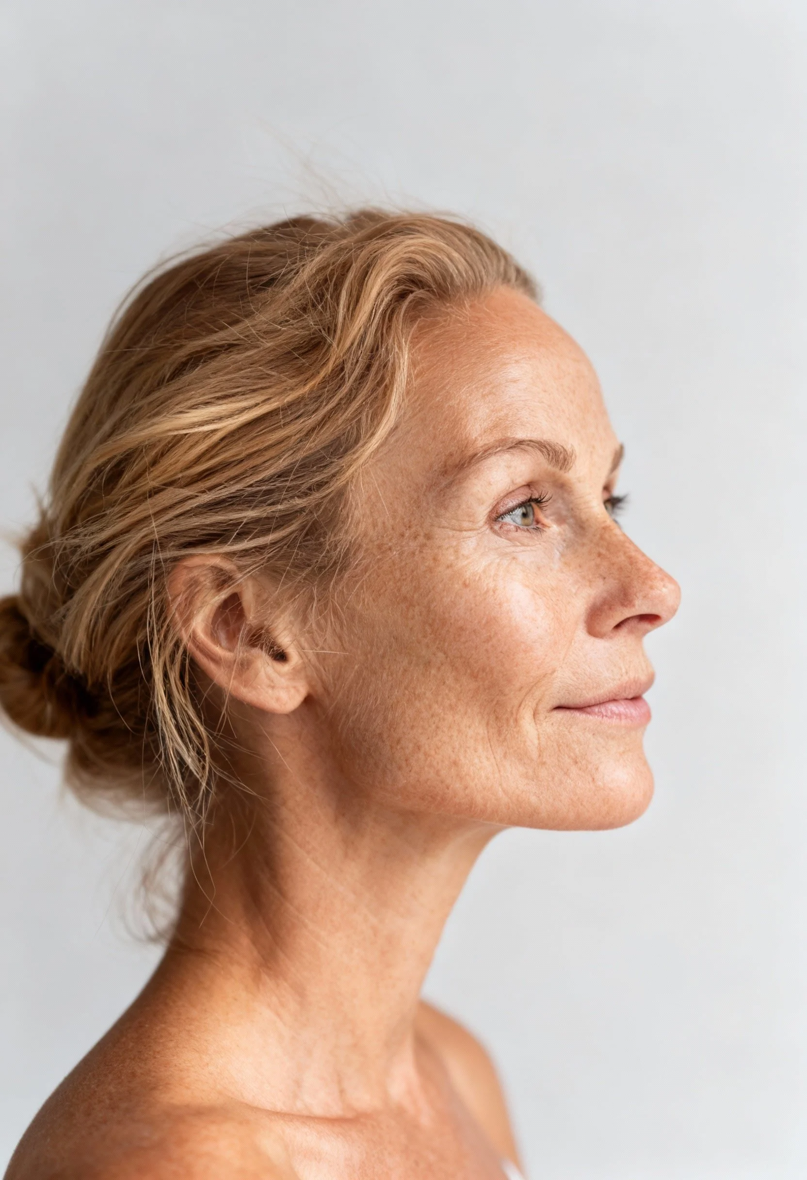 Profil du visage féminin illustrant les zones traitées par les injections d’acide hyaluronique