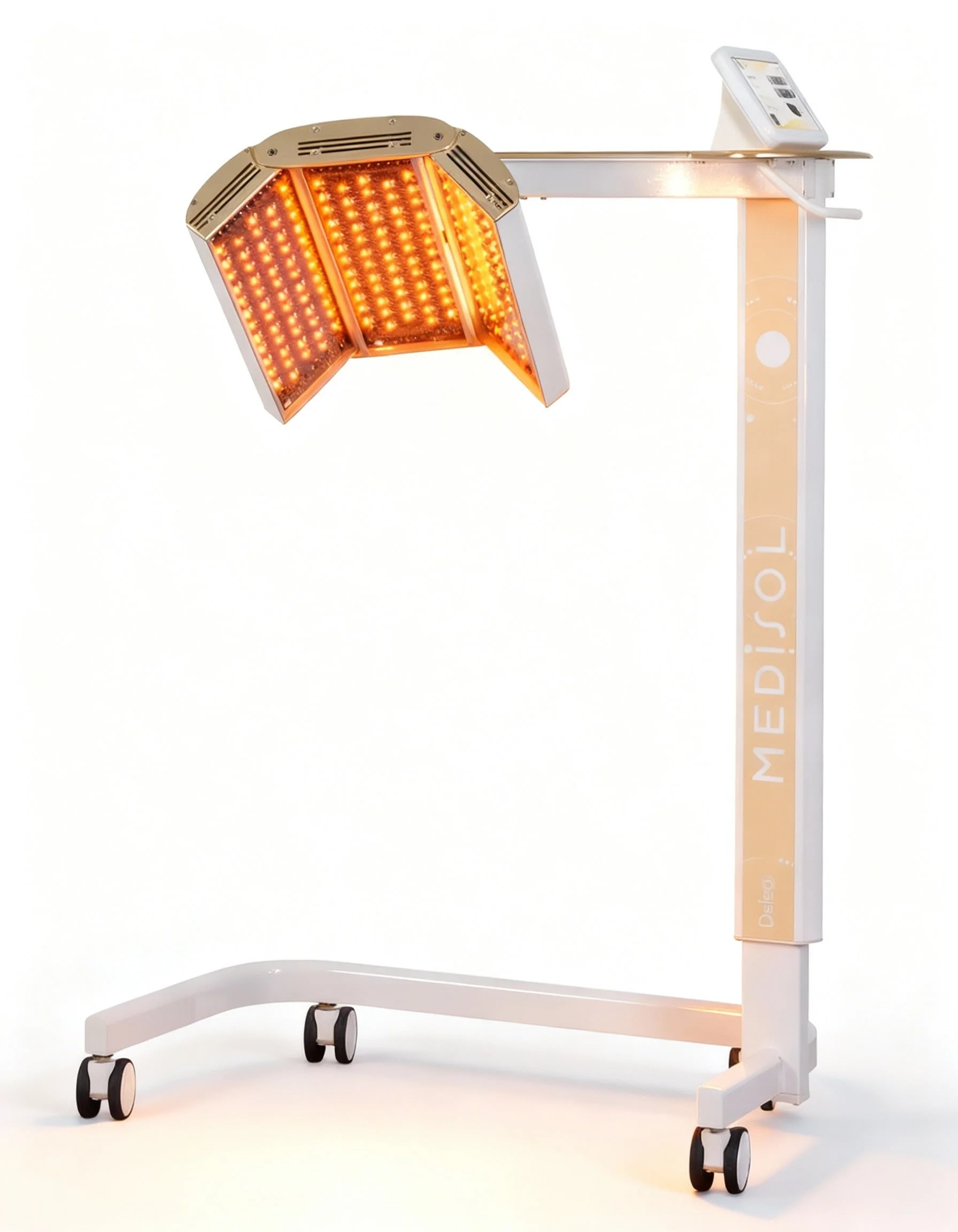 Lampe LED médicale Déléo en lumière jaune utilisée pour l’apaisement des rougeurs, la réparation cutanée et les zones sensibles.