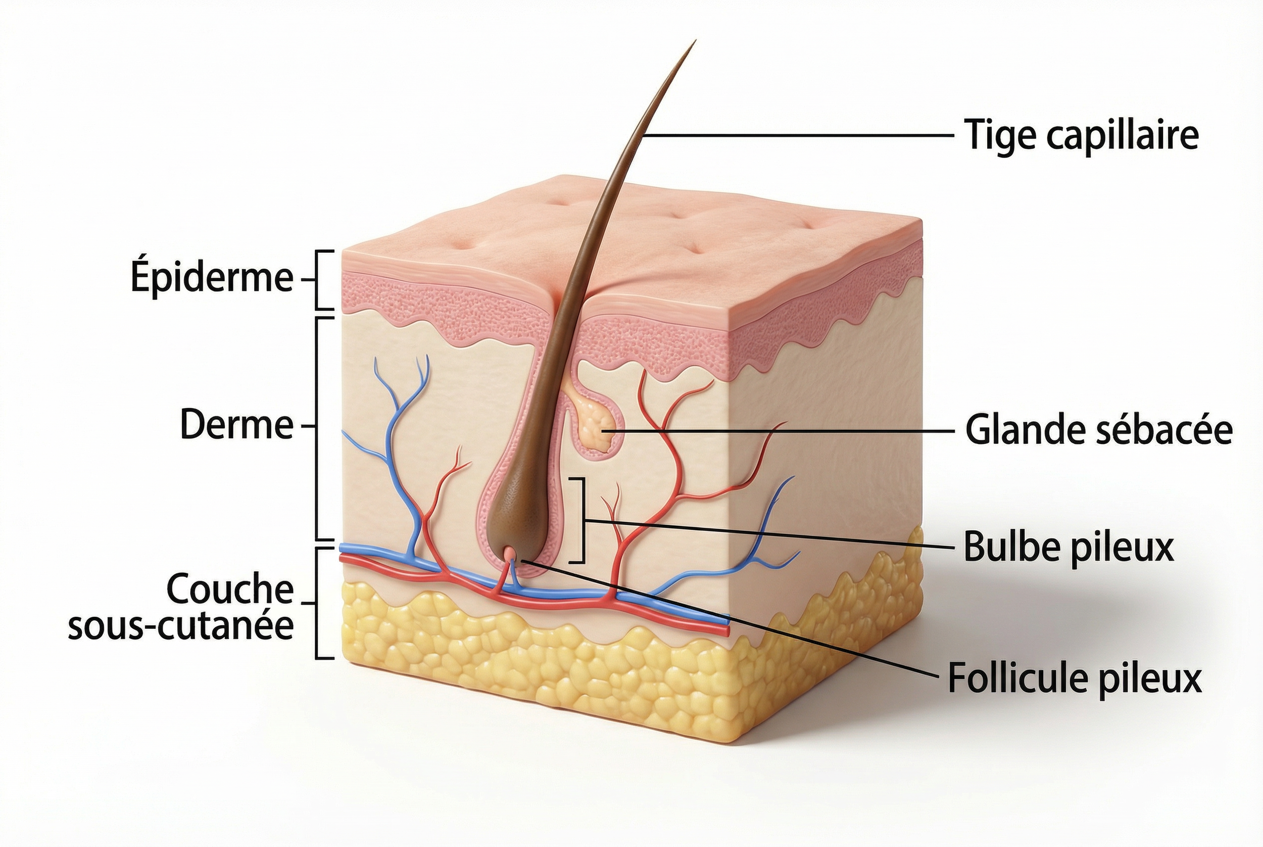 Schéma médical illustrant la densité capillaire et la structure des follicules pileux.