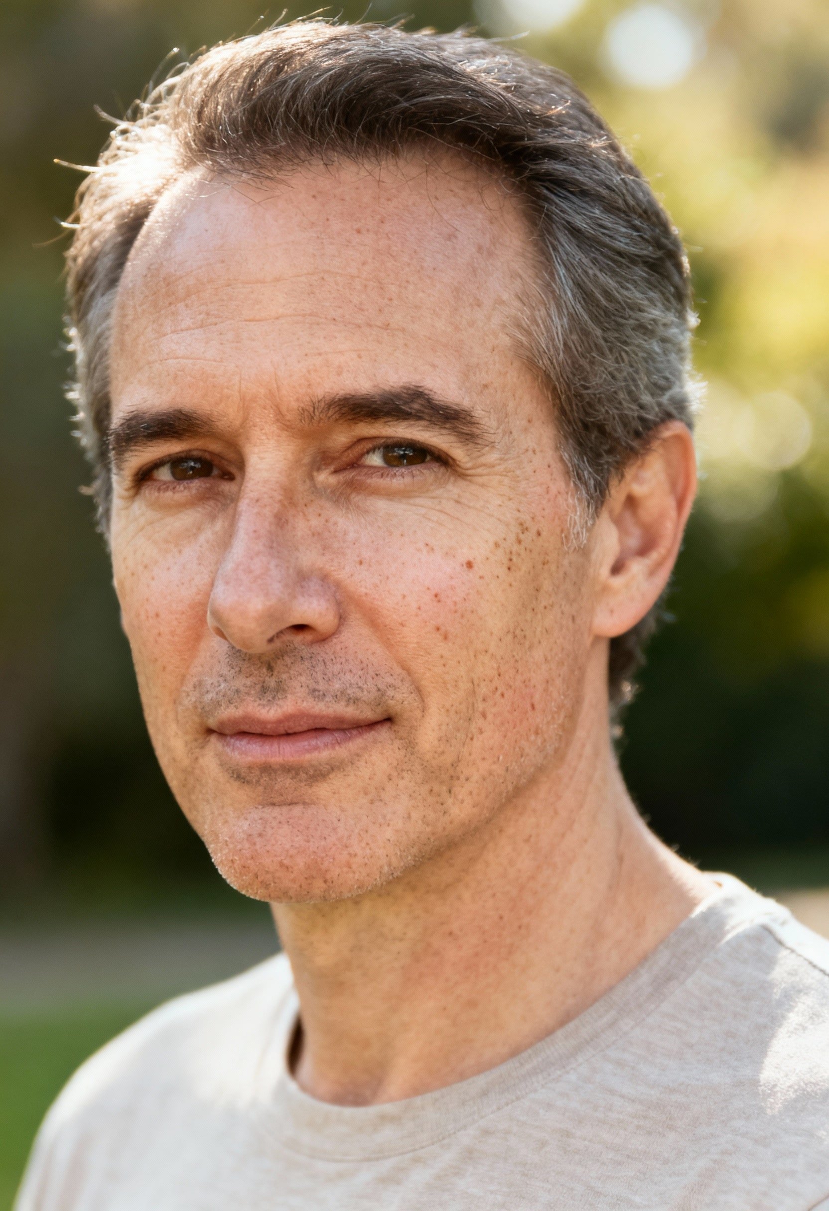 Portrait d’un homme présentant des taches pigmentaires dues au soleil, illustrant les résultats d’un traitement des taches brunes par laser pigmentaire Enlighten au cabinet du Dr Samson