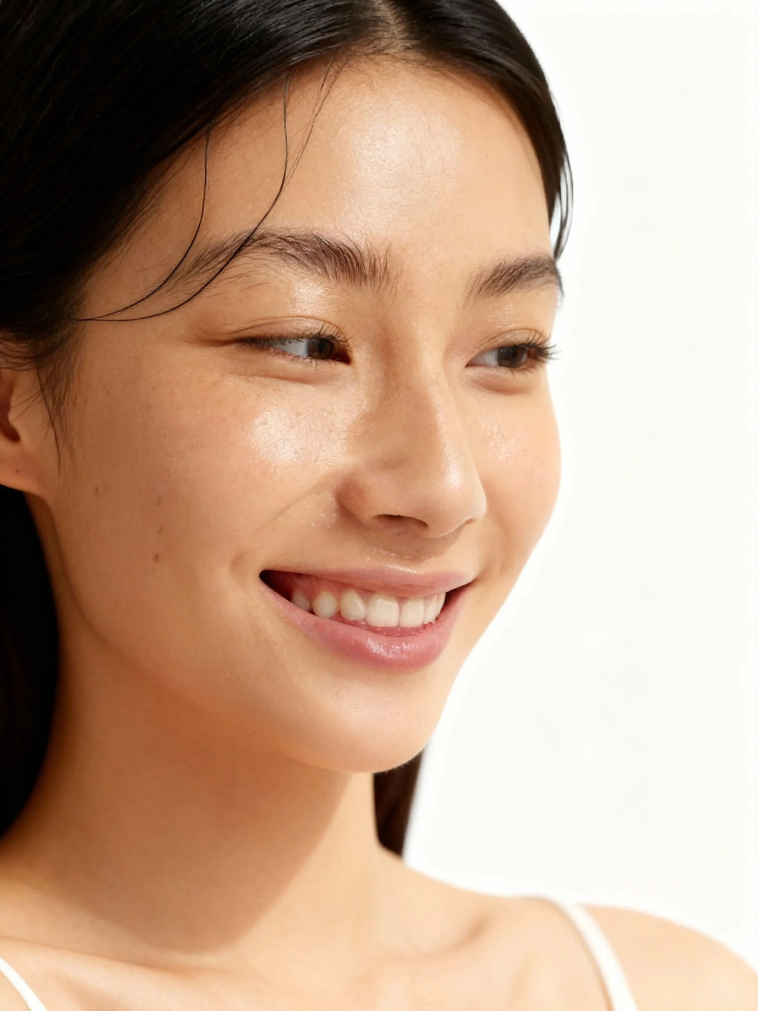 Une femme souriante avec une peau claire et des cheveux noirs longs, portant des vêtements légers, fond blanc.