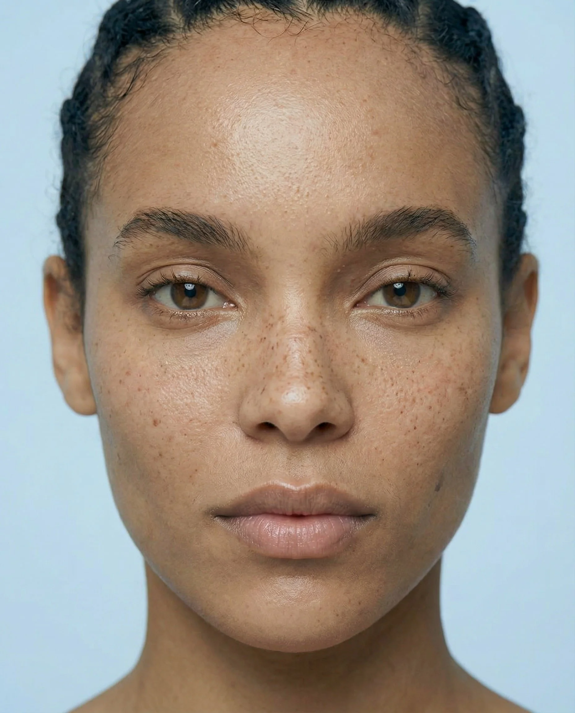 Un portrait d'une femme avec une peau claire, des taches de rousseur, sourcils épais, et cheveux bouclés noirs tressés.