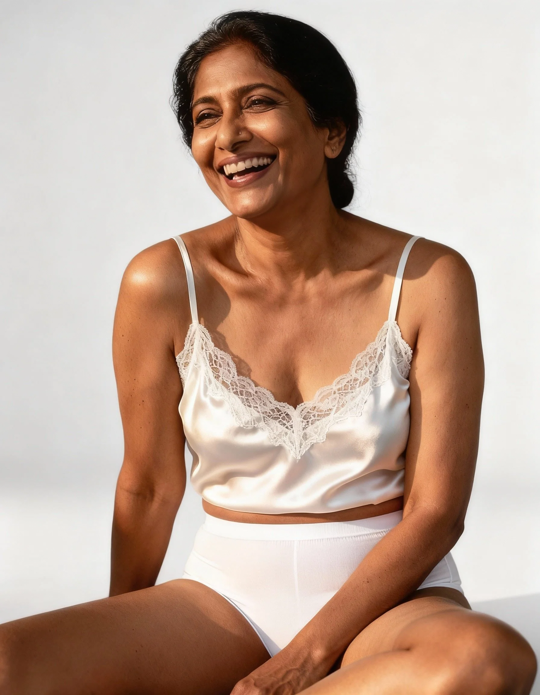 Femme mature souriante — confort intime après injection d’acide hyaluronique.