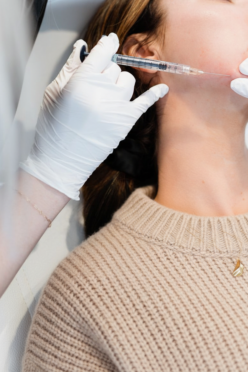 Injection d’acide hyaluronique dans la joue réalisée par le Dr Samson à Évian pour restaurer les volumes du visage