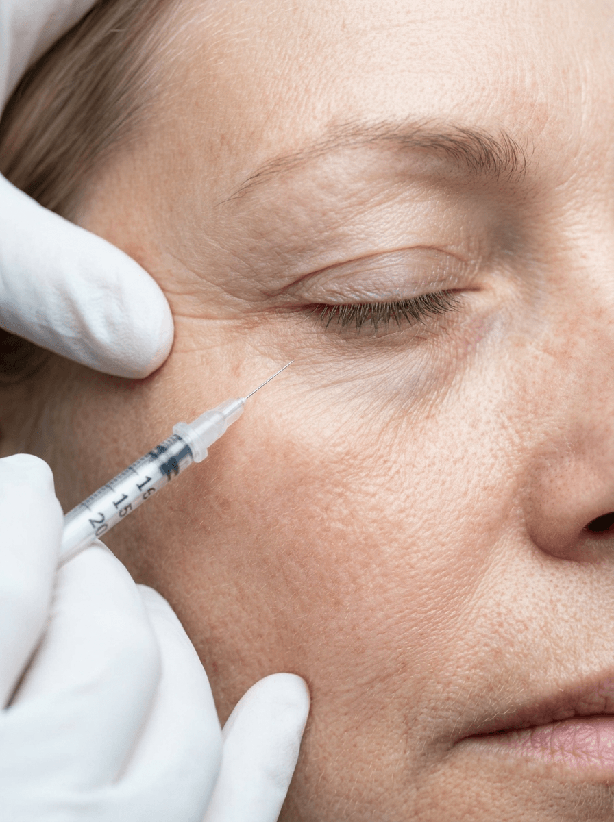 Injection Rejuran PDRN du contour de l'œil sur peau mature, cabinet du Dr Samson à Évian