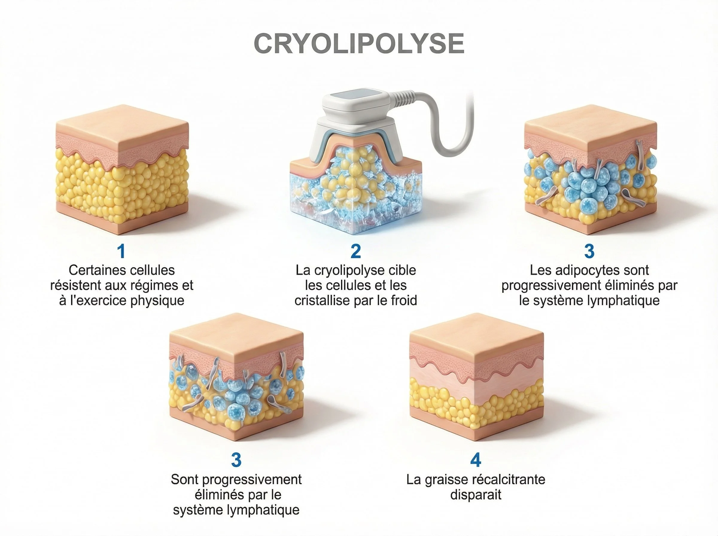 Schéma explicatif de la graisse localisée et des adipocytes impliqués dans les zones d’amas graisseux.