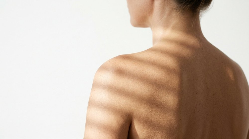 Épilation laser et soleil : épaule et haut du dos d'une femme sous des stries de lumière, guide du Dr Samson à Évian