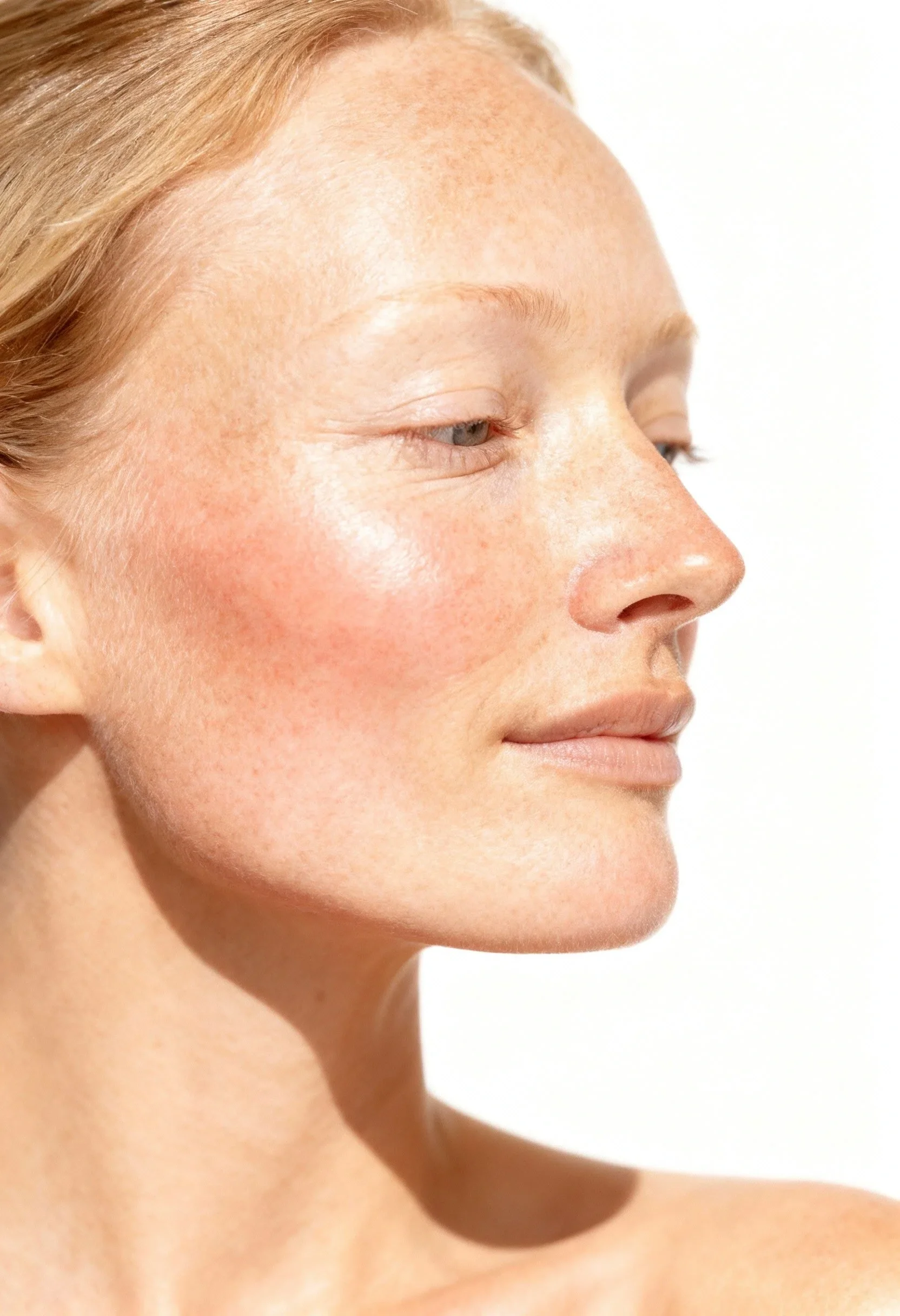 Zoom sur le profil d'une femme avec une peau claire et des rougeurs.