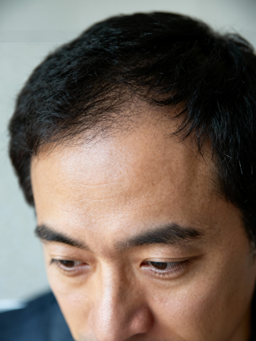 Illustration de perte de densité capillaire chez l'homme pour la mésothérapie capillaire au cabinet du Dr Samson