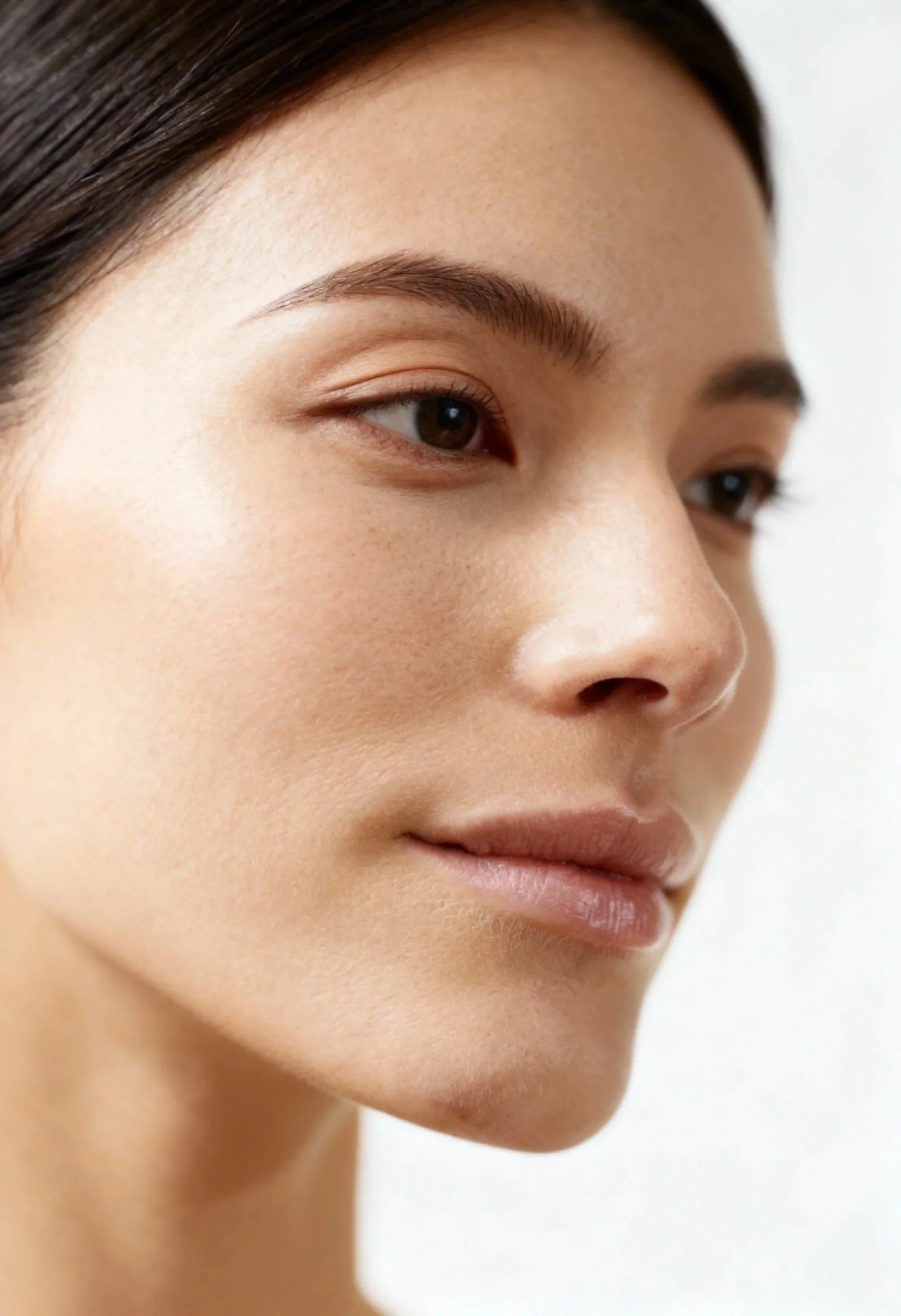 Close-up d'un visage de femme avec peau claire, sourcils bien définis, et lèvres naturelles.