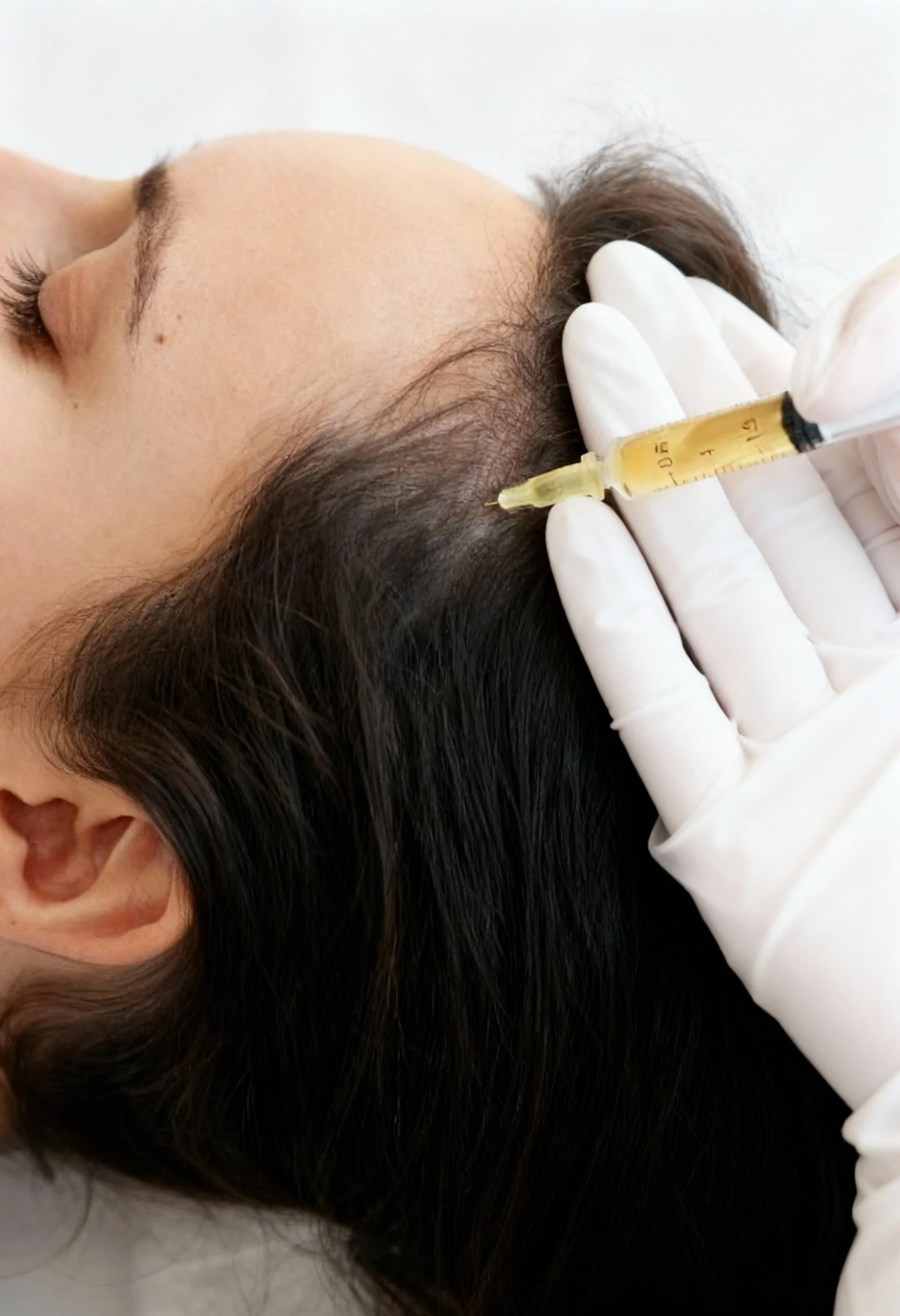 Un patient reçoit une injection dans le cuir chevelu, pour un traitement capillaire au cabinet du Dr Samson à Évian-les-Bains.