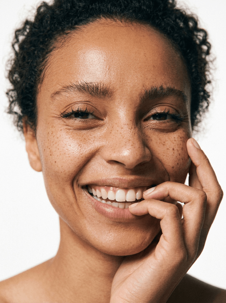 Femme &agrave; la peau naturelle s'interrogeant sur le choix d'une injection esth&eacute;tique du visage &agrave; &Eacute;vian